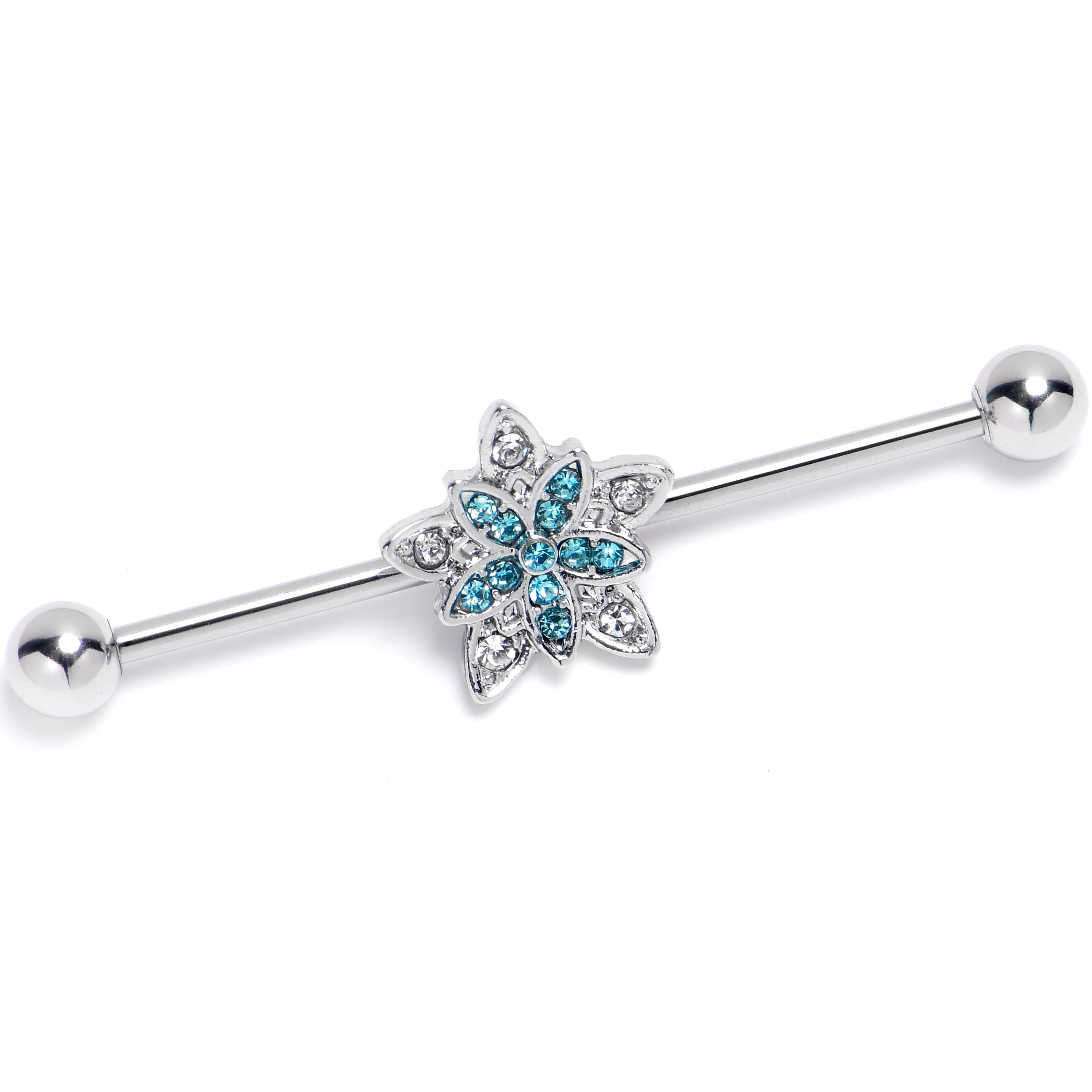 14 Gauge Clear Blue Gem Snowflake Flower Industrial Barbell 38mm