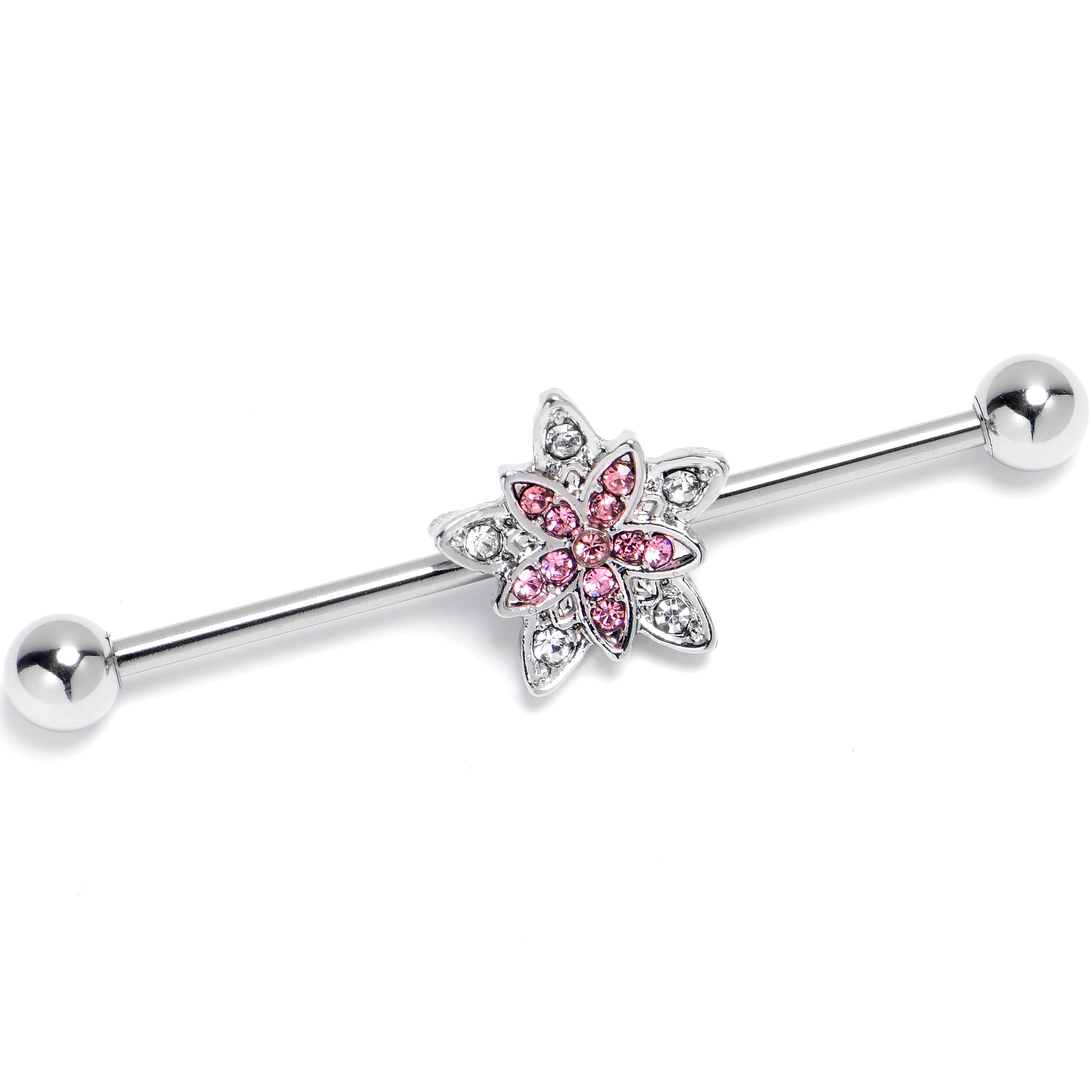 14 Gauge Clear Pink Gem Snowflake Flower Industrial Barbell 38mm