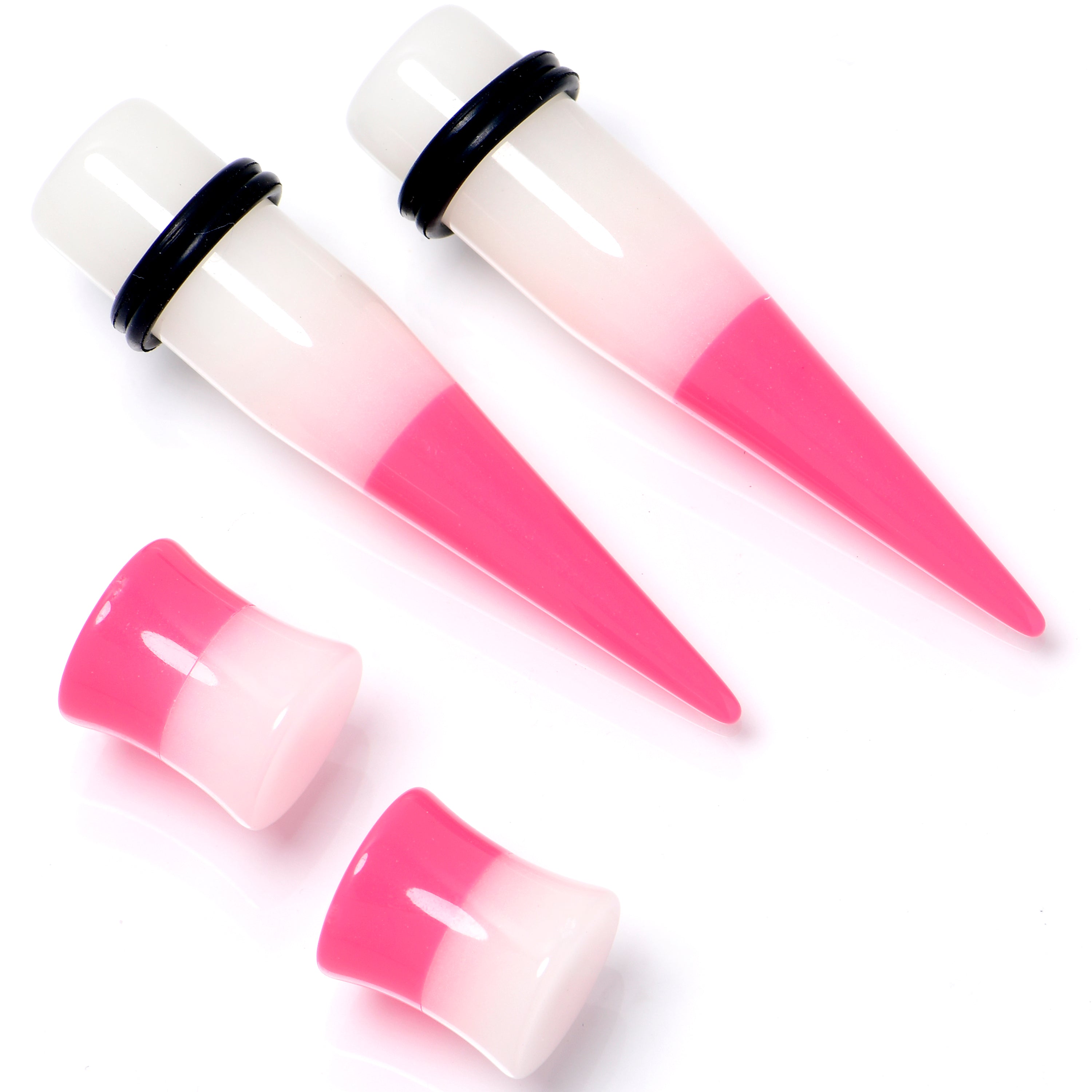 Pink White Acrylic Glow in the Dark Taper Saddle Plug Set  8mm to 16mm Sizes