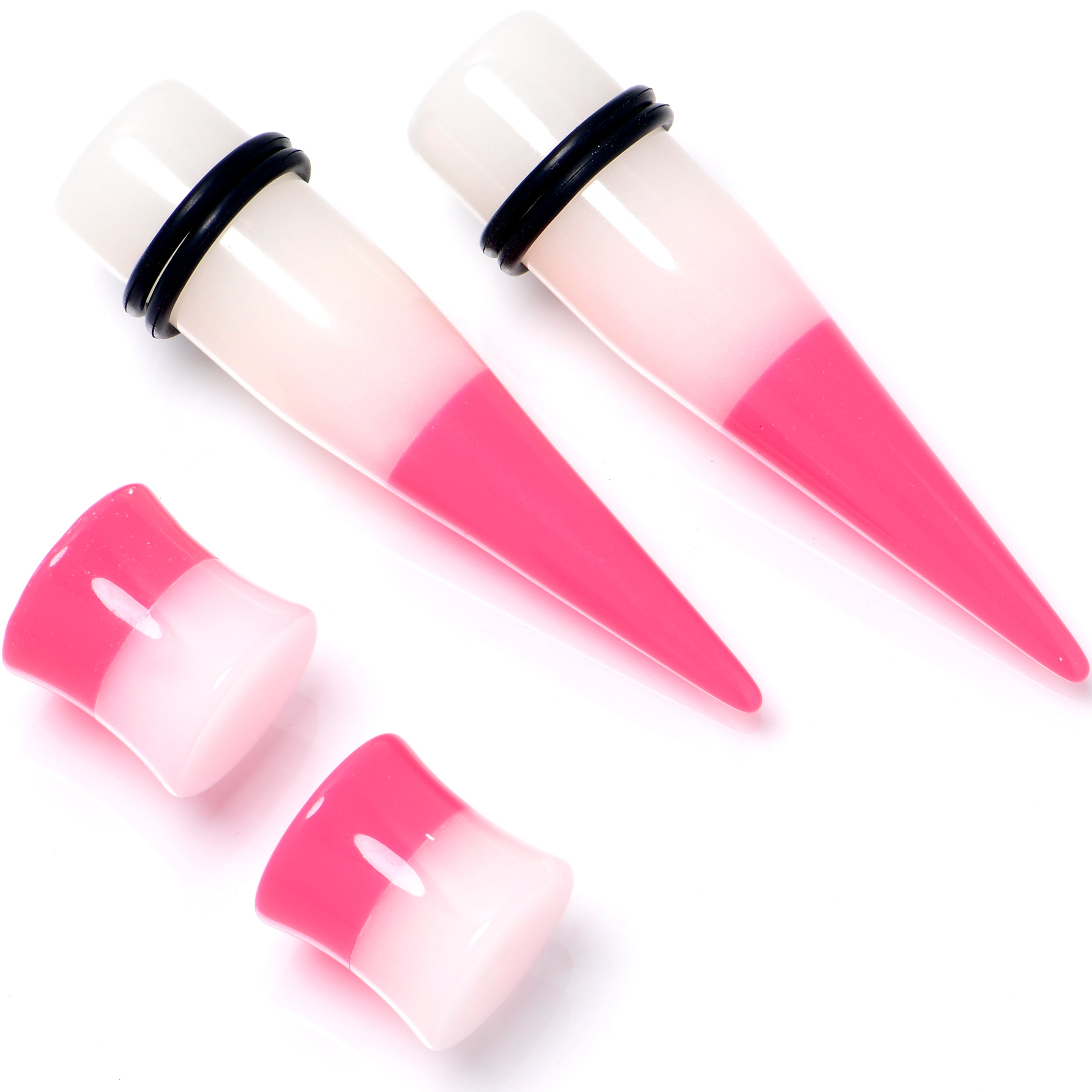 Pink White Acrylic Glow in the Dark Taper Saddle Plug Set  8mm to 16mm Sizes