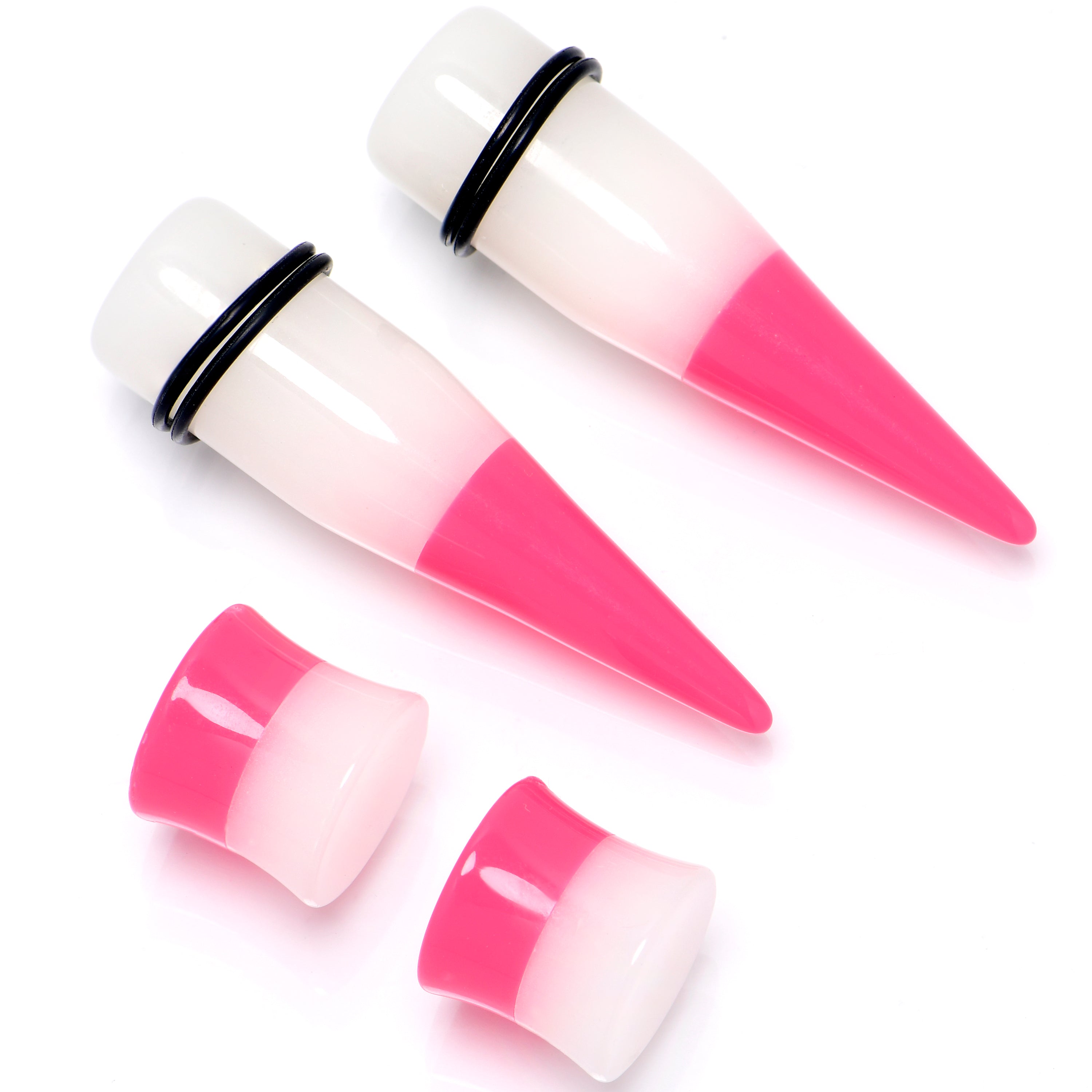 Pink White Acrylic Glow in the Dark Taper Saddle Plug Set  8mm to 16mm Sizes