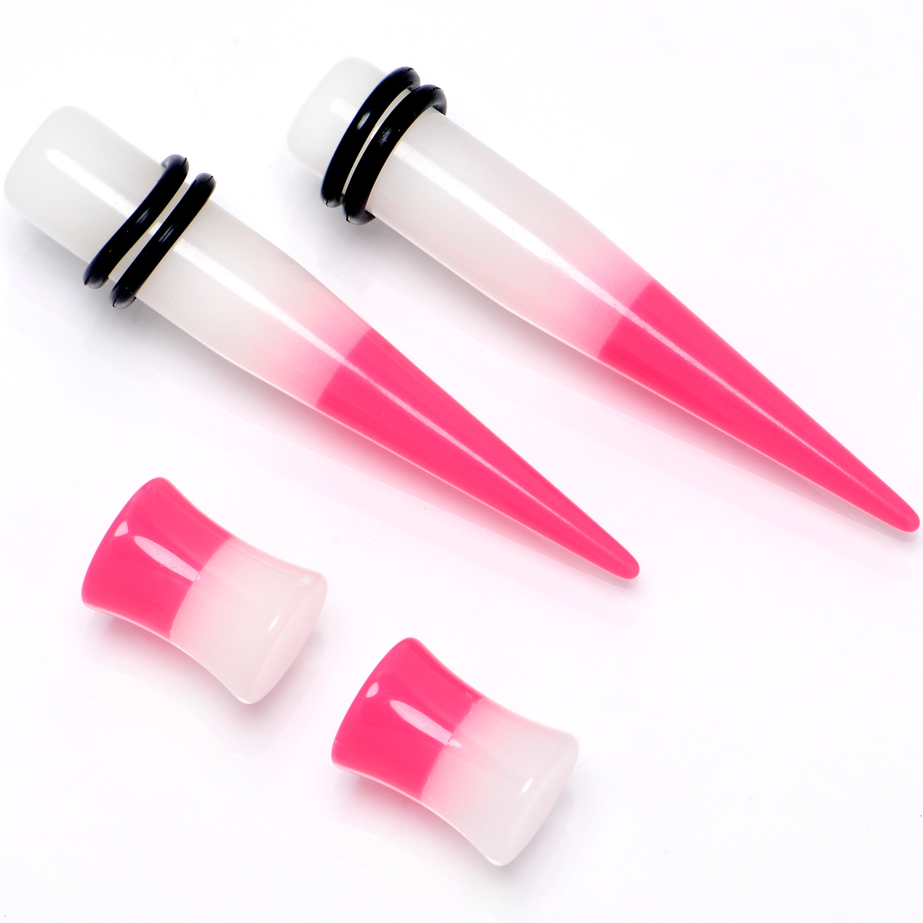 Pink White Acrylic Glow in the Dark Taper Saddle Plug Set  8mm to 16mm Sizes