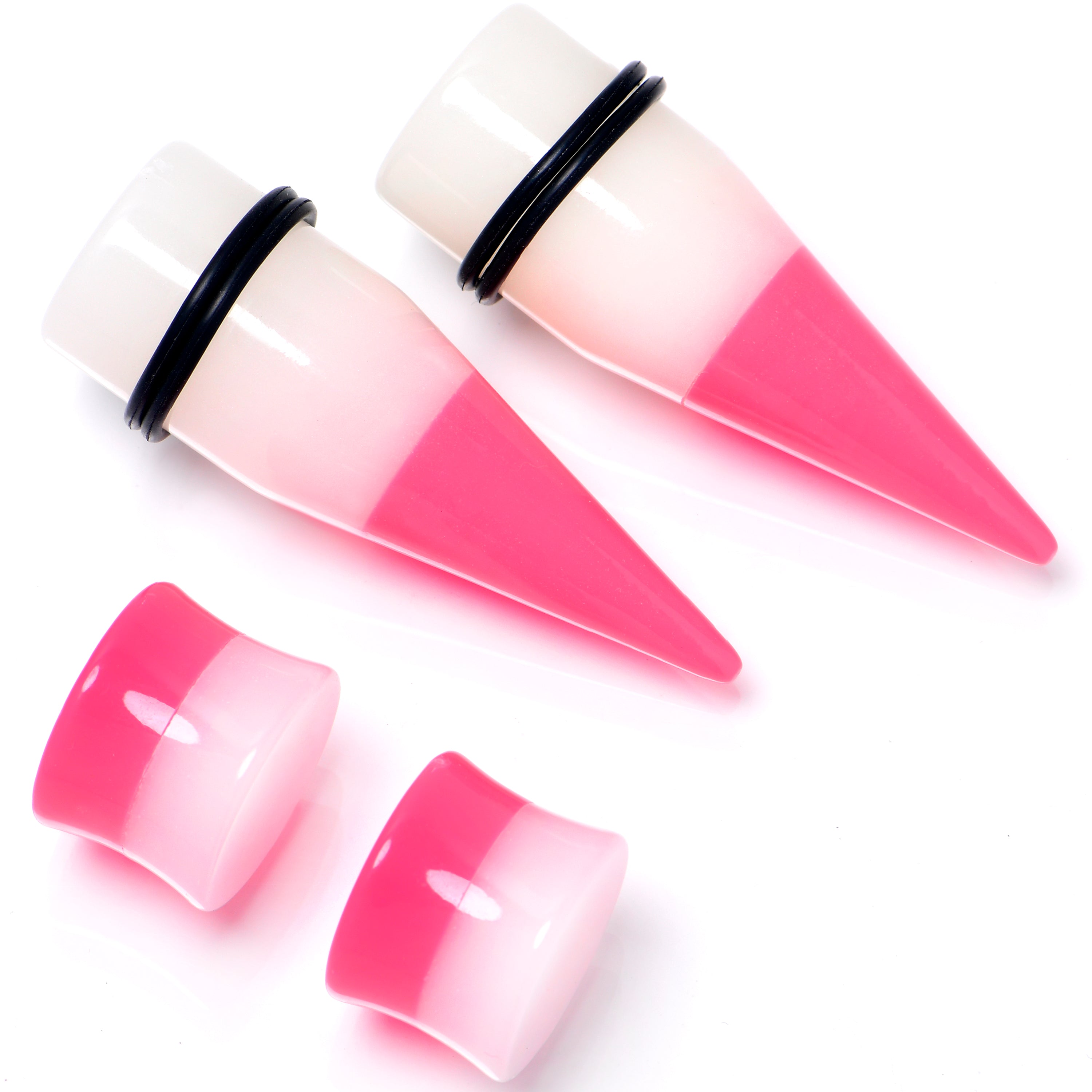 Pink White Acrylic Glow in the Dark Taper Saddle Plug Set  8mm to 16mm Sizes