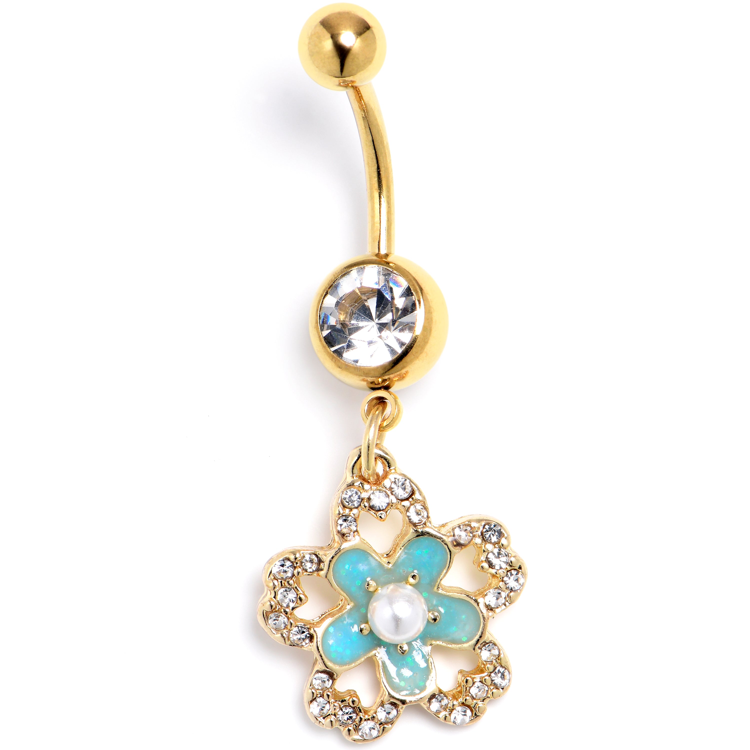 Clear Gem Gold Tone Flower Double Blue Dangle Belly Ring