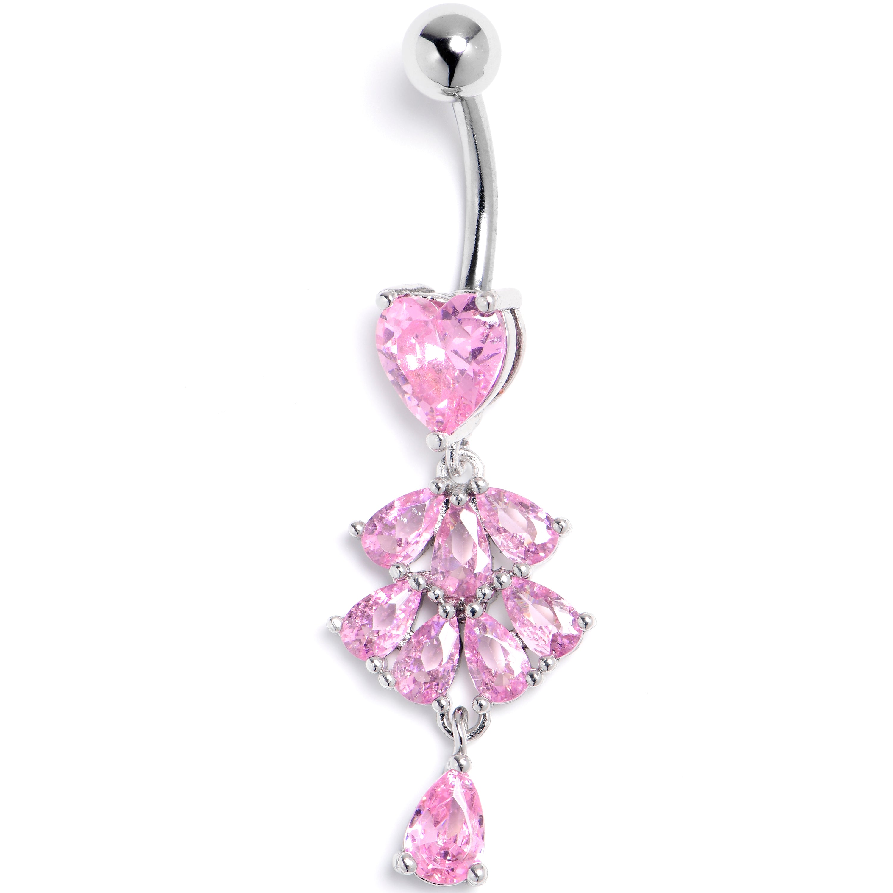 Pink Gem Heart Style Cascade Dangle Belly Ring