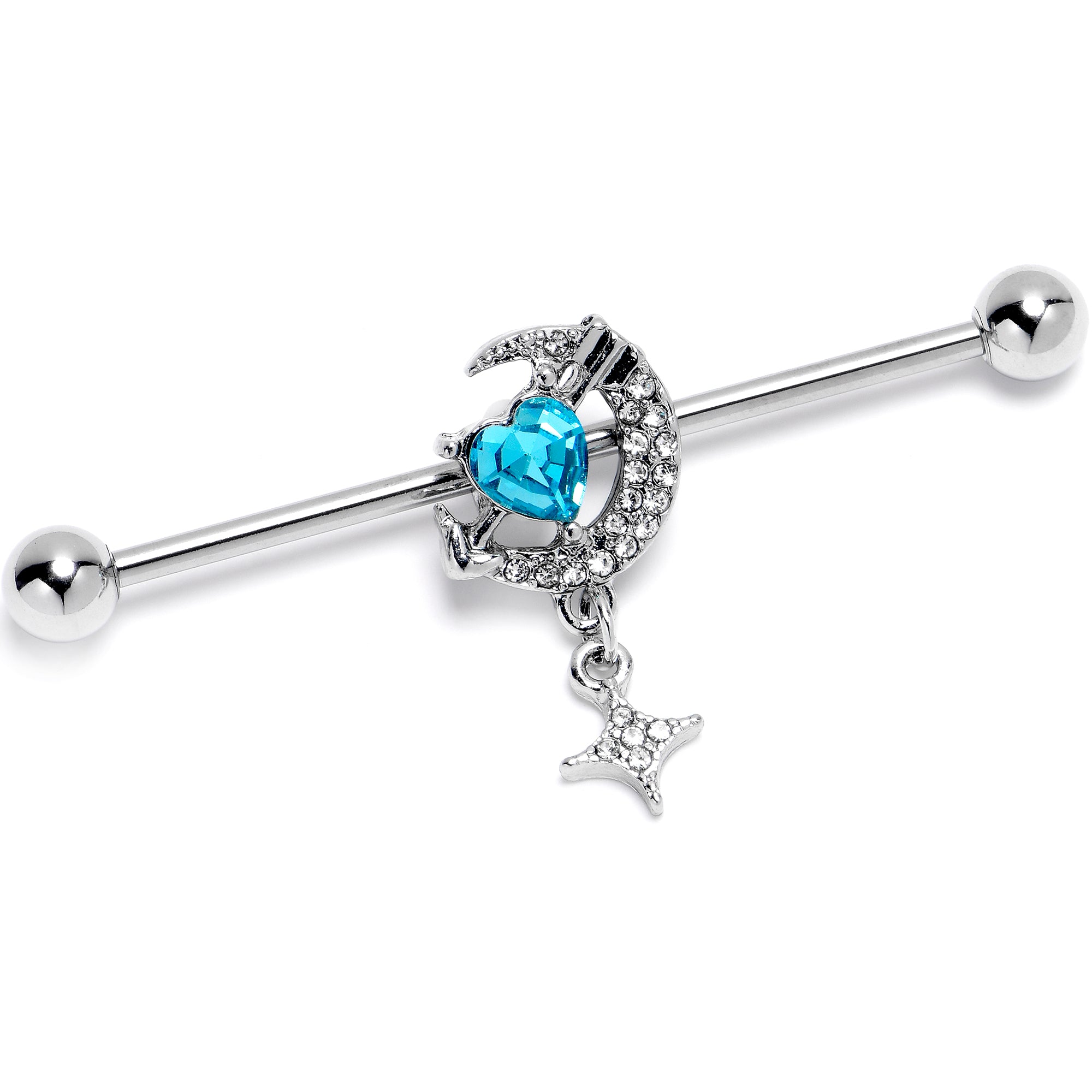 14 Gauge Blue Clear Gem Moon Lover Dangle Industrial Barbell 38mm