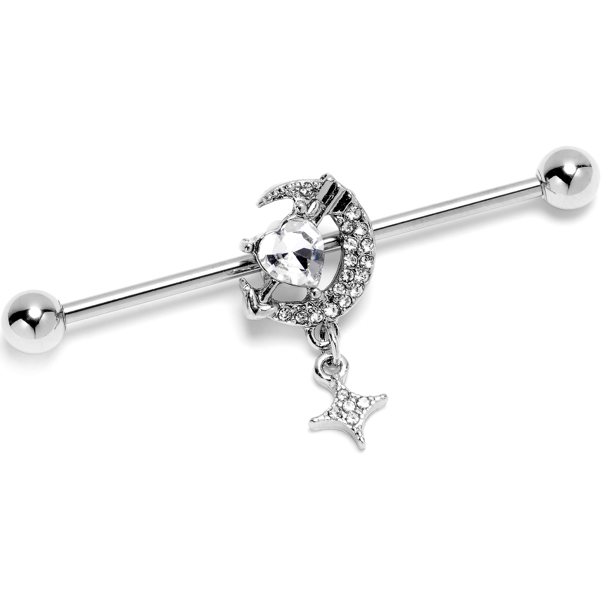 14 Gauge Clear Gem Moon Lover Dangle Industrial Barbell 38mm