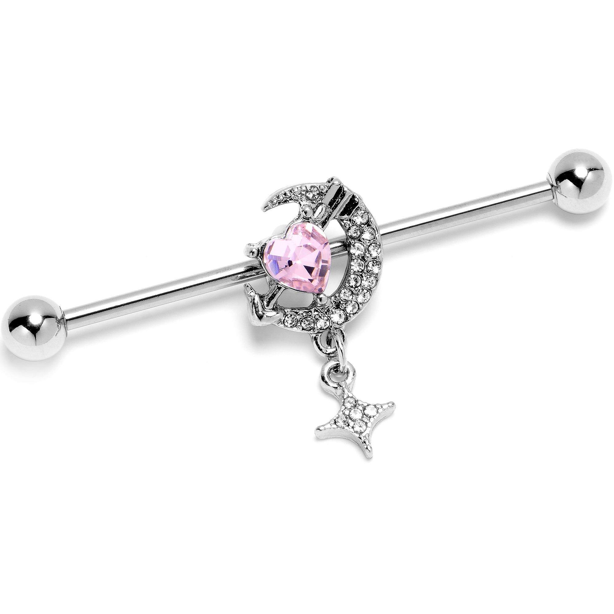 14 Gauge Pink Clear Gem Moon Lover Dangle Industrial Barbell 38mm