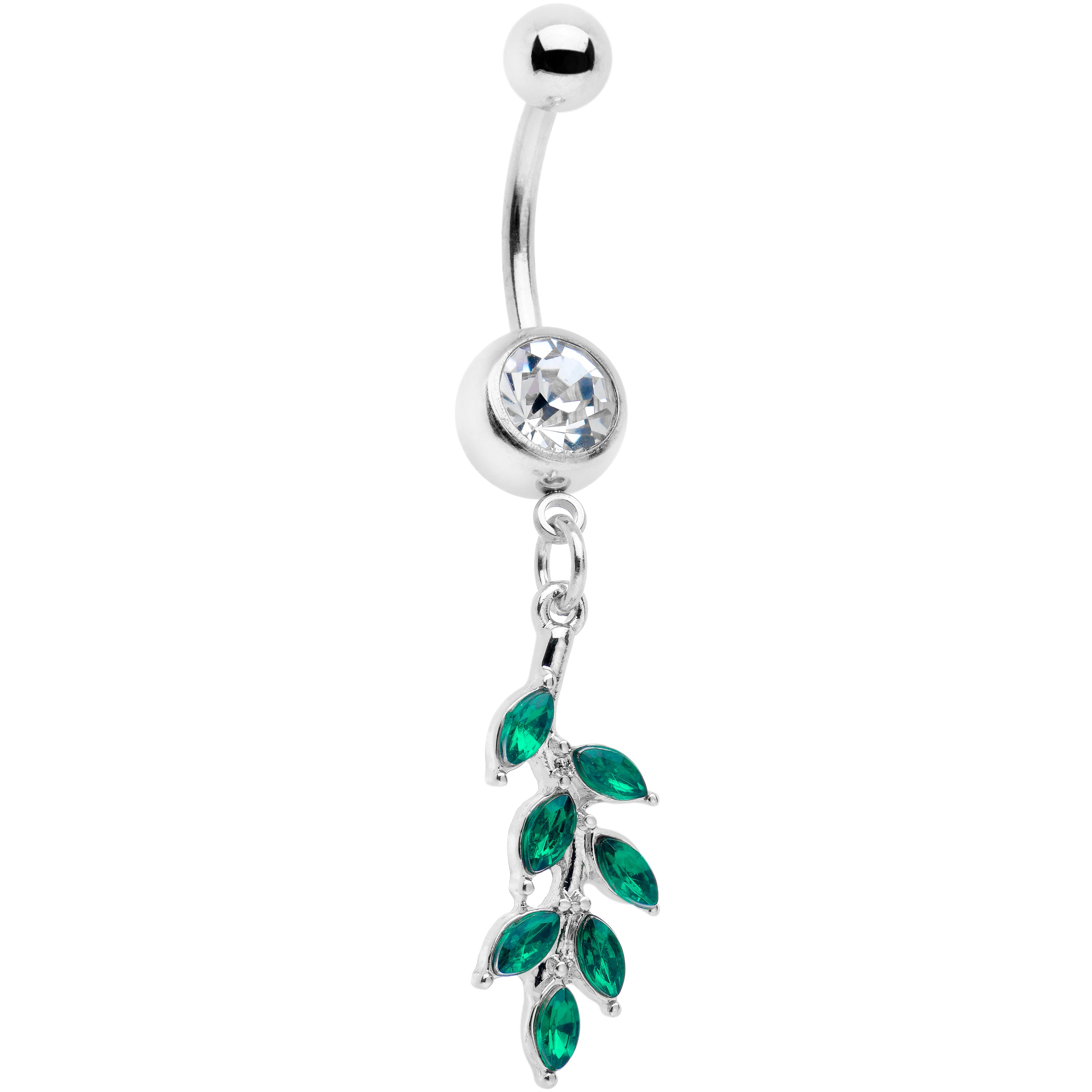 Green Clear Gem Leafy Luscious Branch Dangle Belly Ring