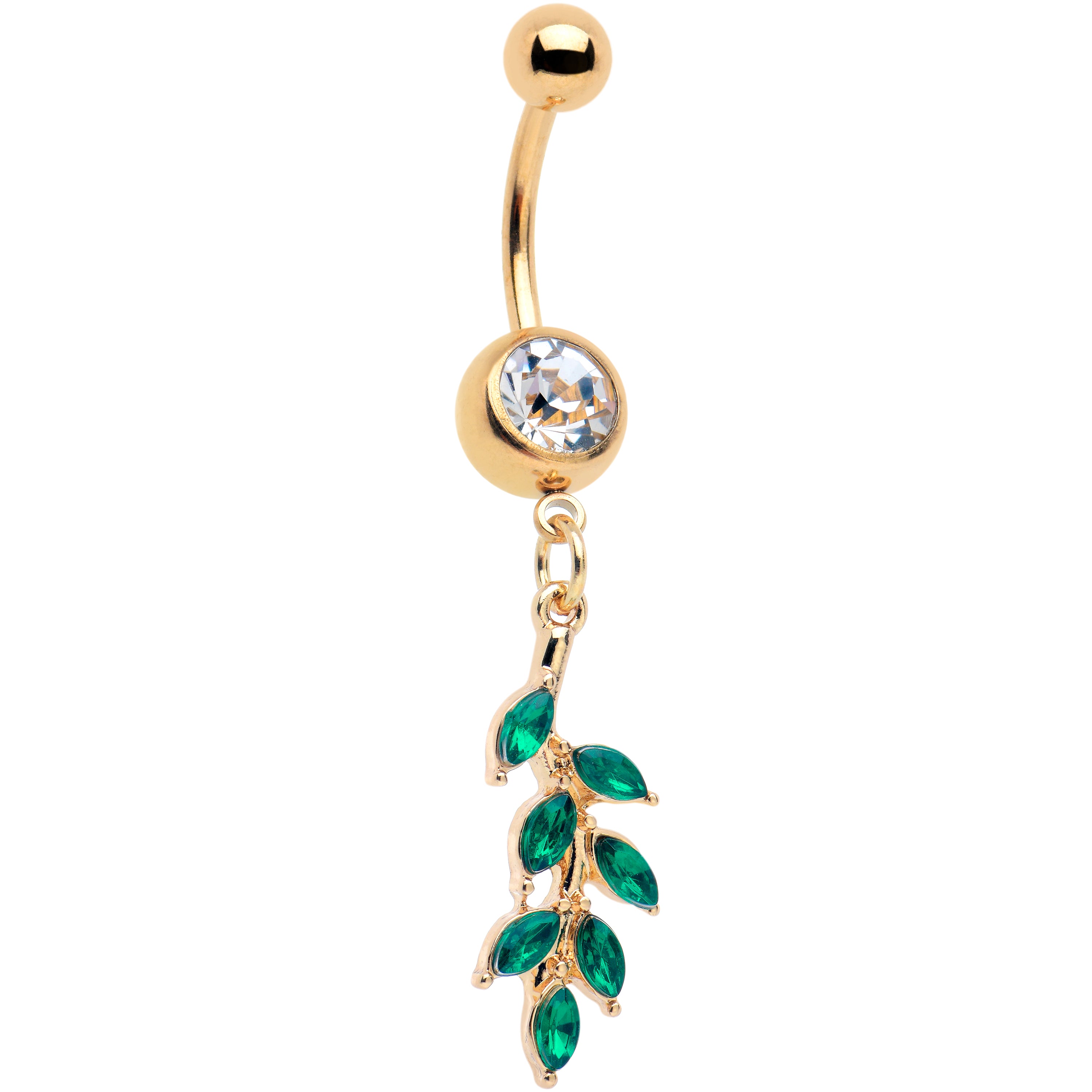 Green Clear Gem Gold Tone Leafy Luscious Branch Dangle Belly Ring