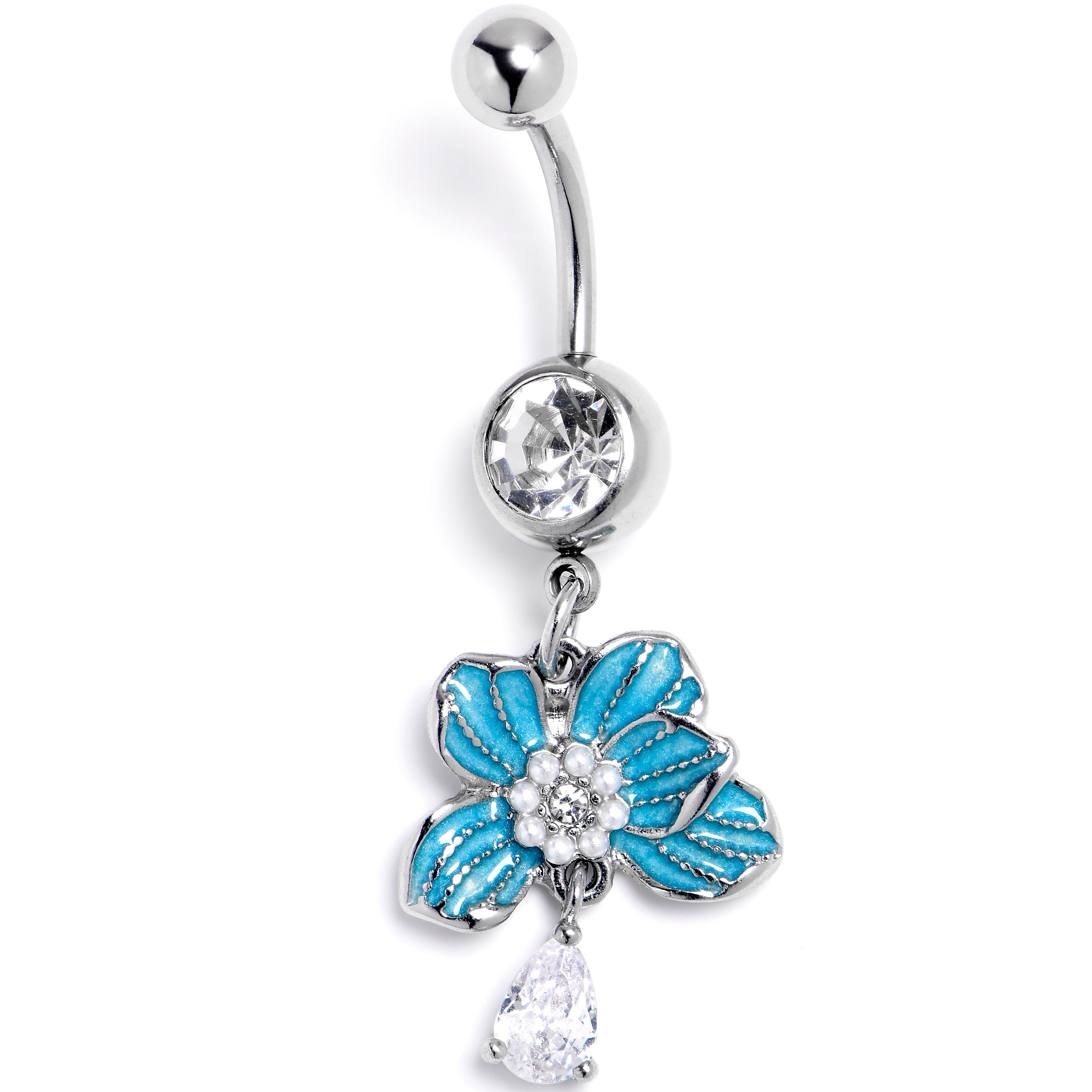 Clear CZ Gem Flower Blue Blossom Dangle Belly Ring