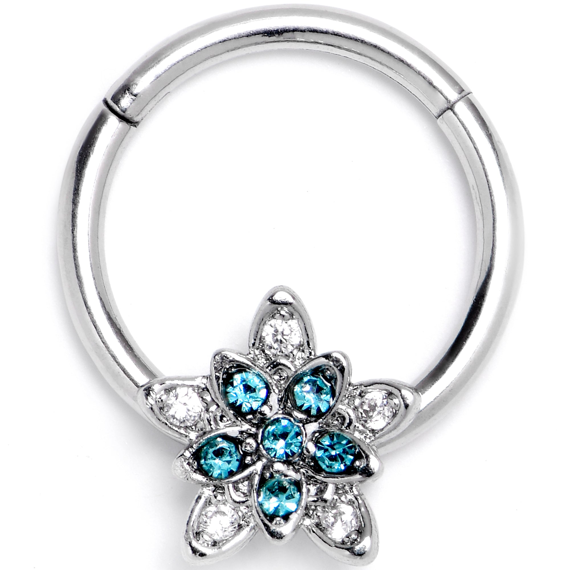 16 Gauge 3/8 Blue Clear CZ Gem Snowflake Flower Hinged Segment Ring