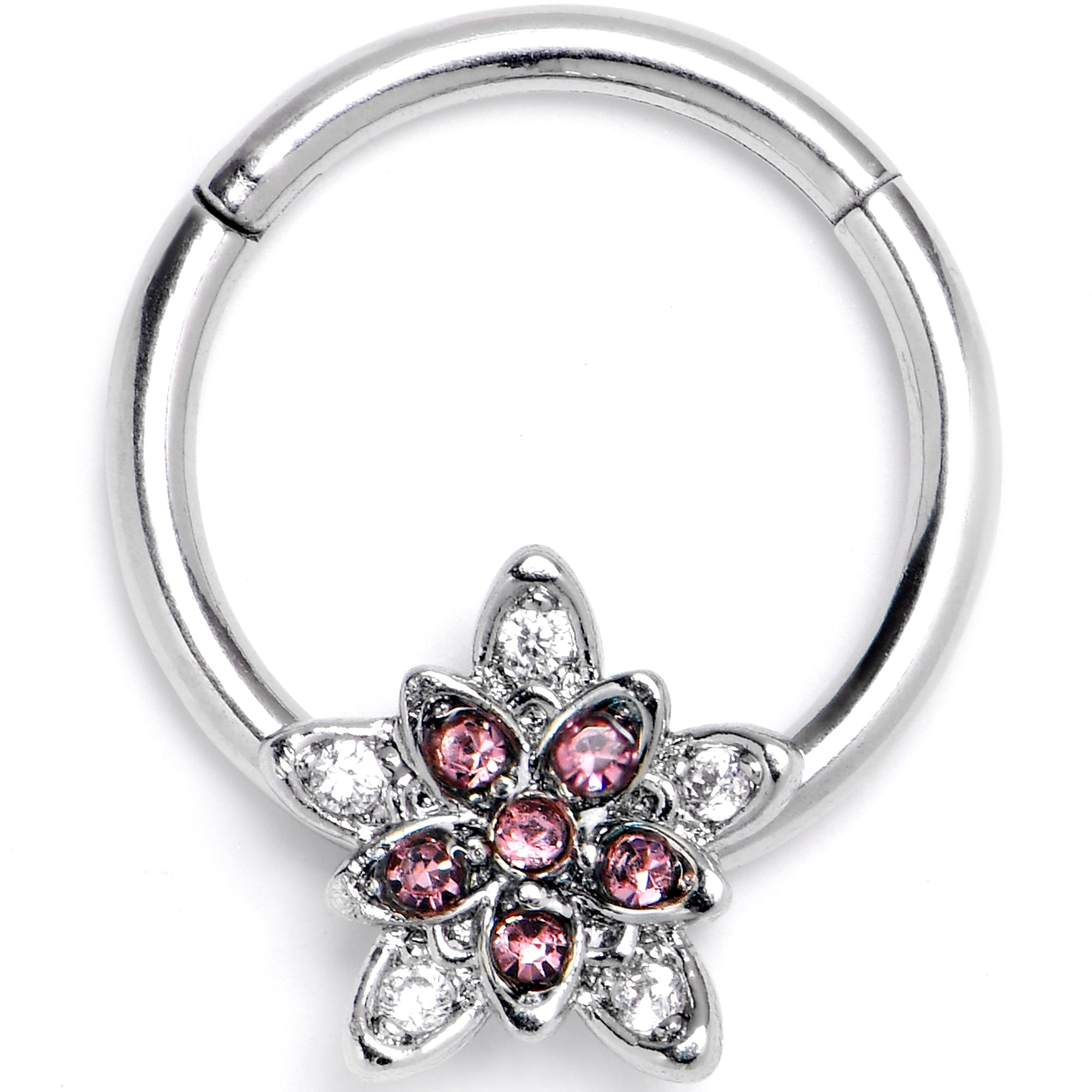 16 Gauge 3/8 Pink Clear CZ Gem Snowflake Flower Hinged Segment Ring