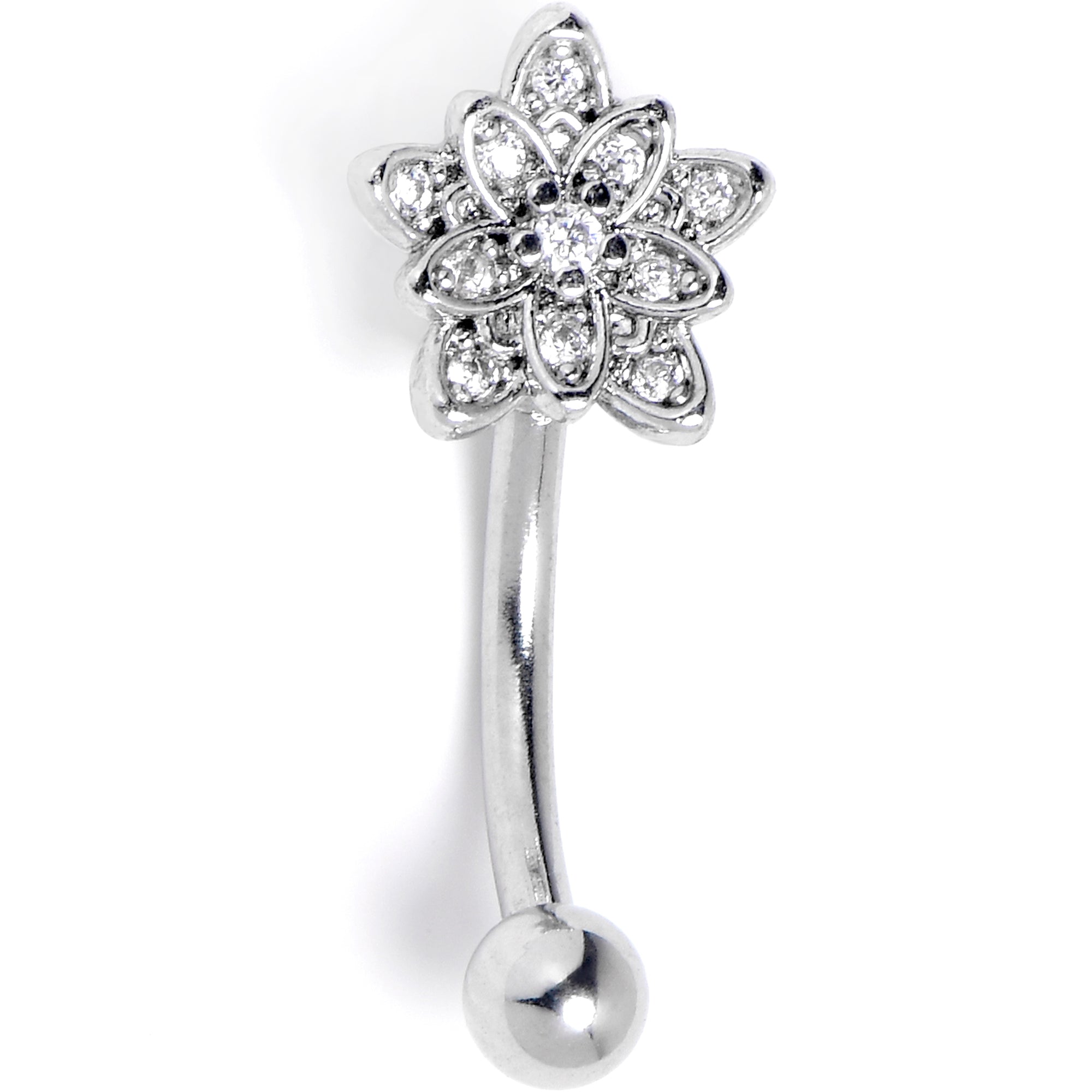 16 Gauge 5/16 Clear CZ Gem Snowflake Flower Curved Eyebrow Ring