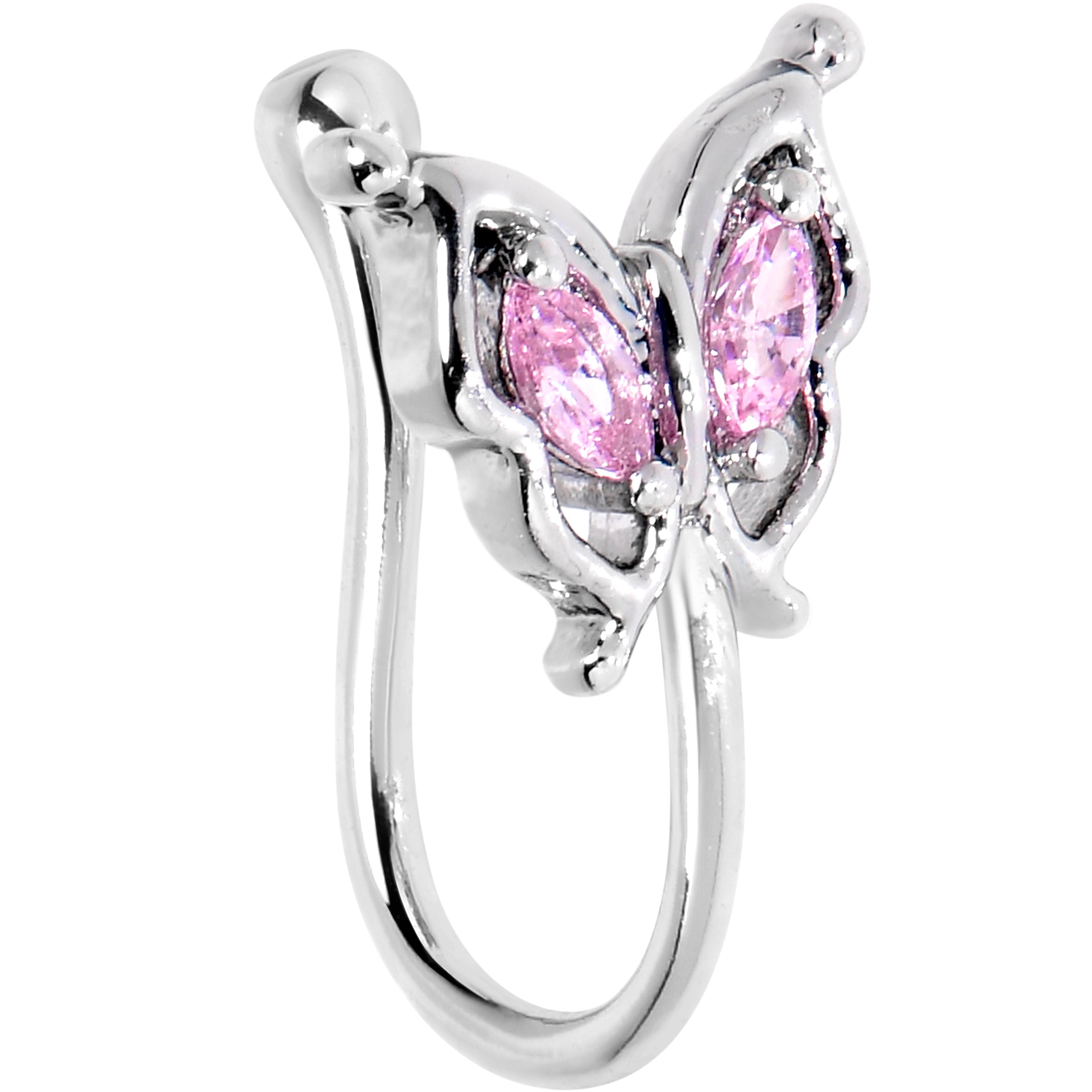 Pink CZ Gem Butterfly Wings Clip On Nose Ring