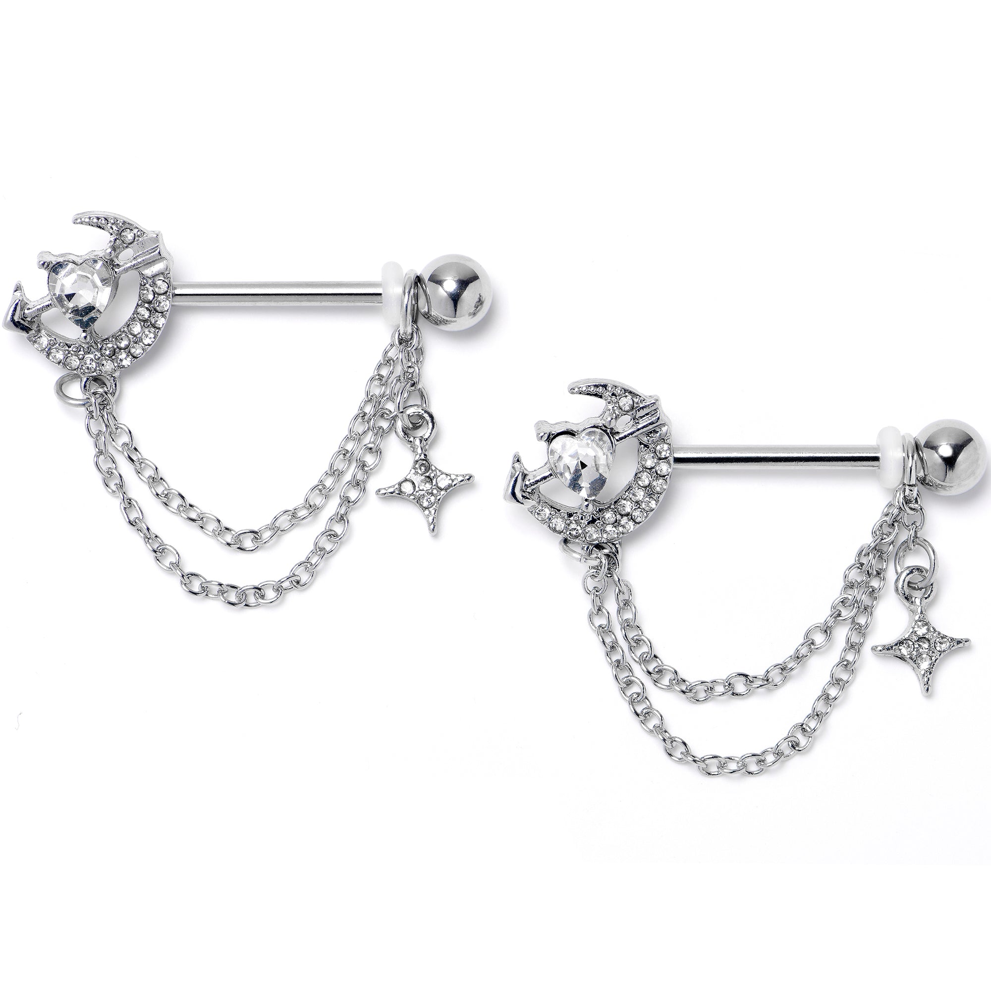 14 Gauge 9/16 Clear Gem Moon Lover Chain Dangle Nipple Ring Set