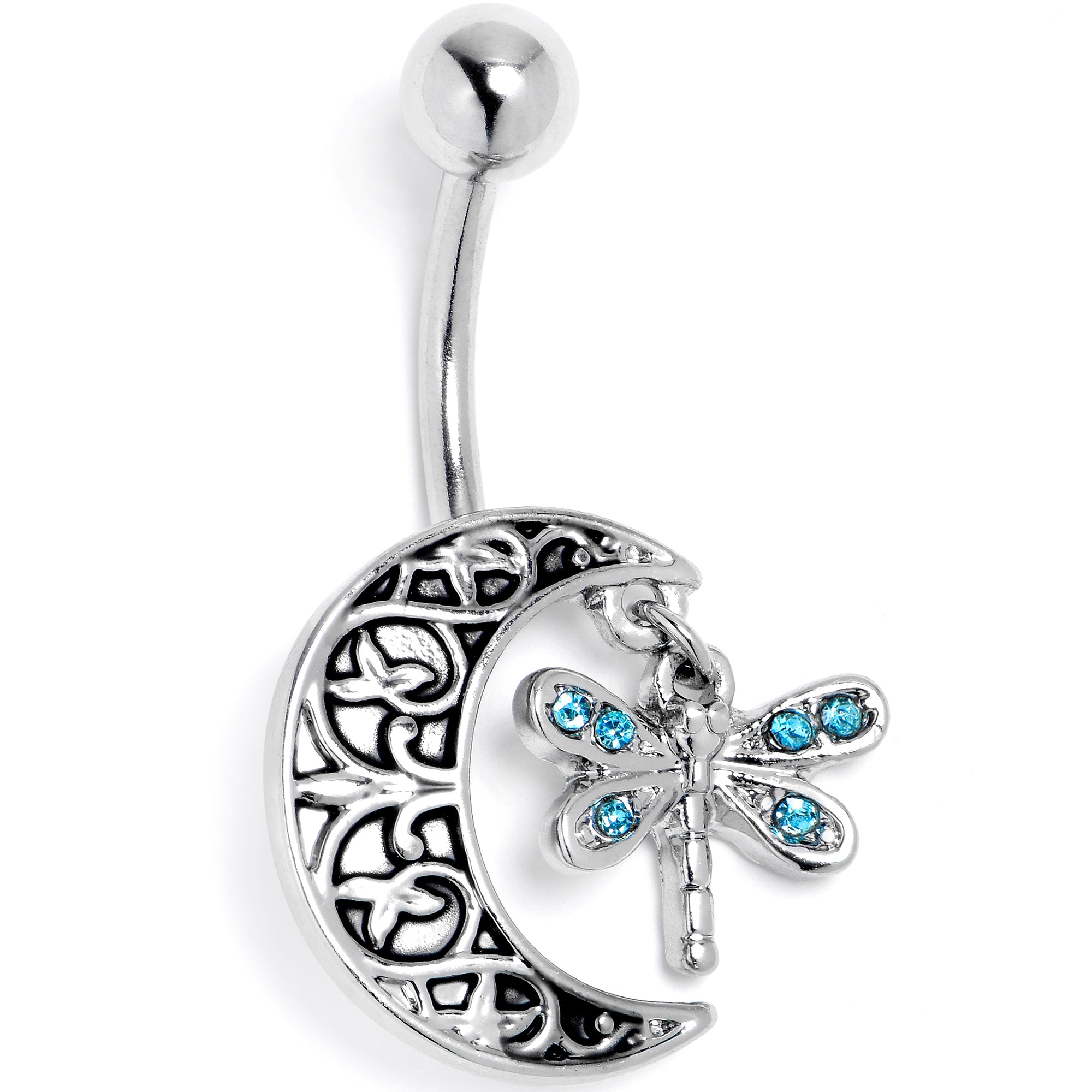 Blue Gem Dragonfly Friend Crescent Moon Dangle Belly Ring