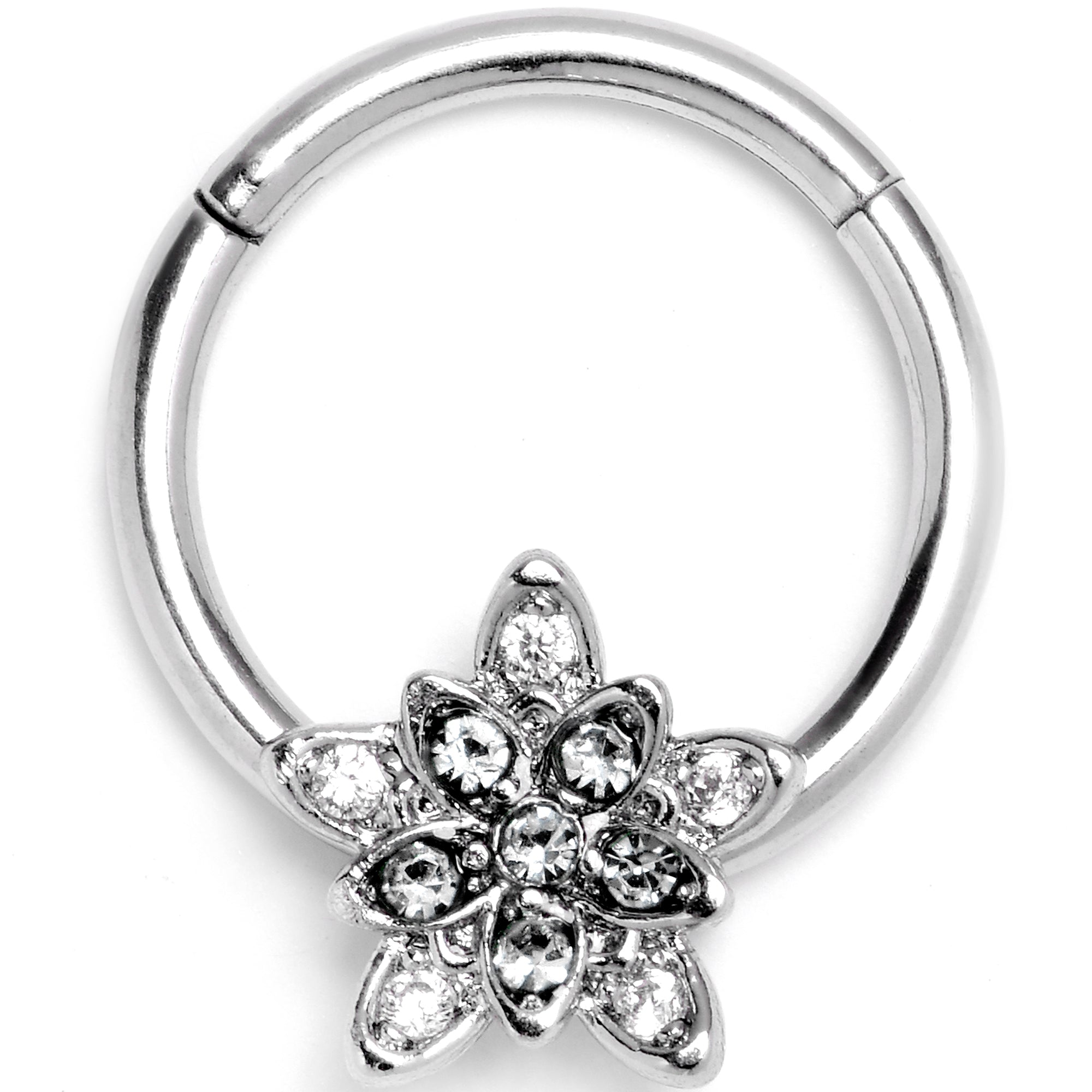 16 Gauge 3/8 Clear CZ Gem Snowflake Flower Hinged Segment Ring