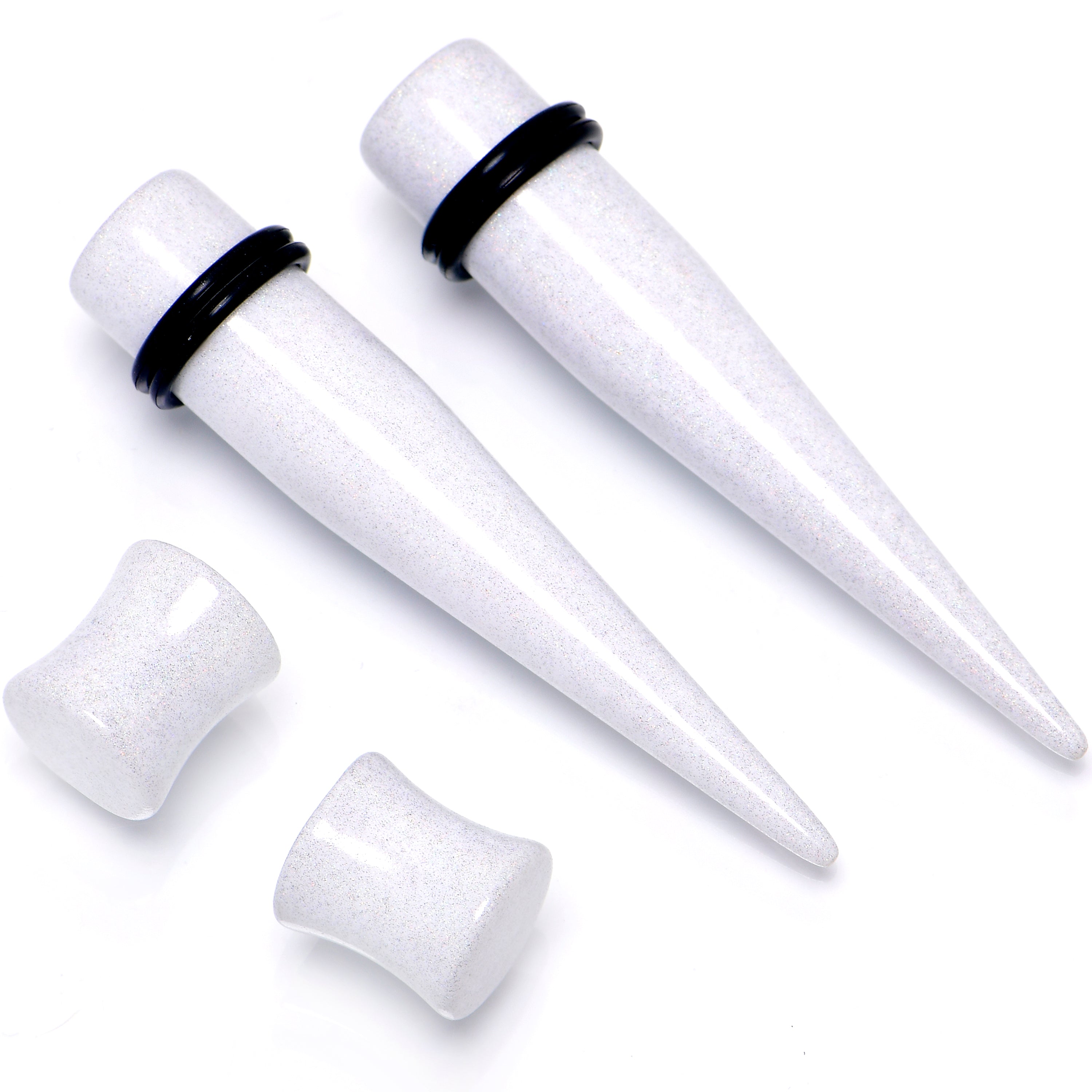 White Acrylic Shimmer Finish Taper Saddle Plug Set 6mm to 20mm Sizes