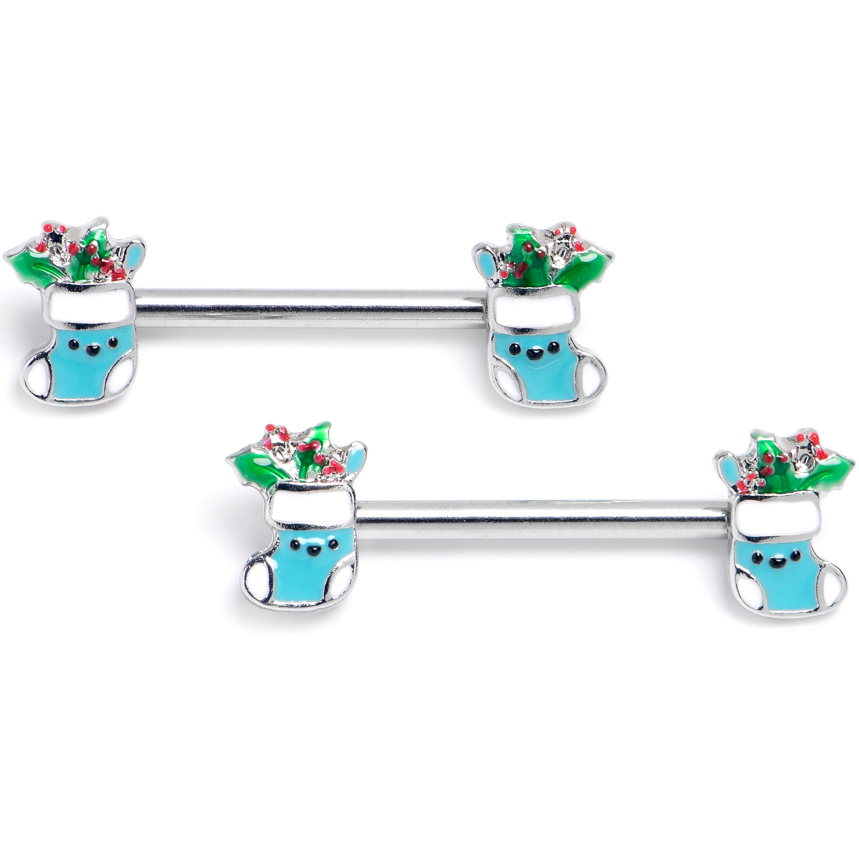 14 Gauge 9/16 Festive Blue Christmas Stocking Barbell Nipple Ring Set