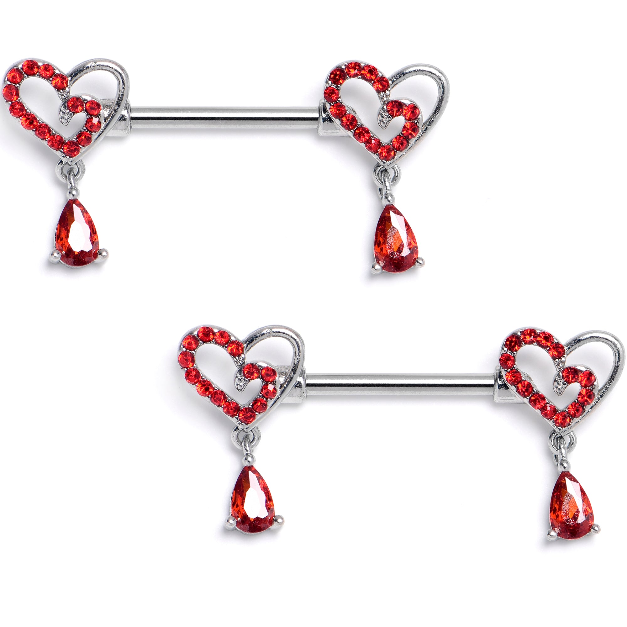 14 Gauge 9/16 Red CZ Gem Asymmetrical Heart Dangle Nipple Ring Set