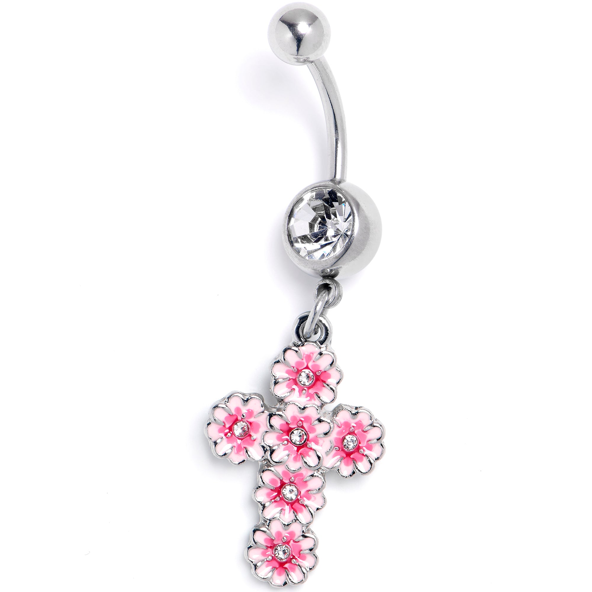 Clear Gem Passion for Pink Flower Cross Dangle Belly Ring