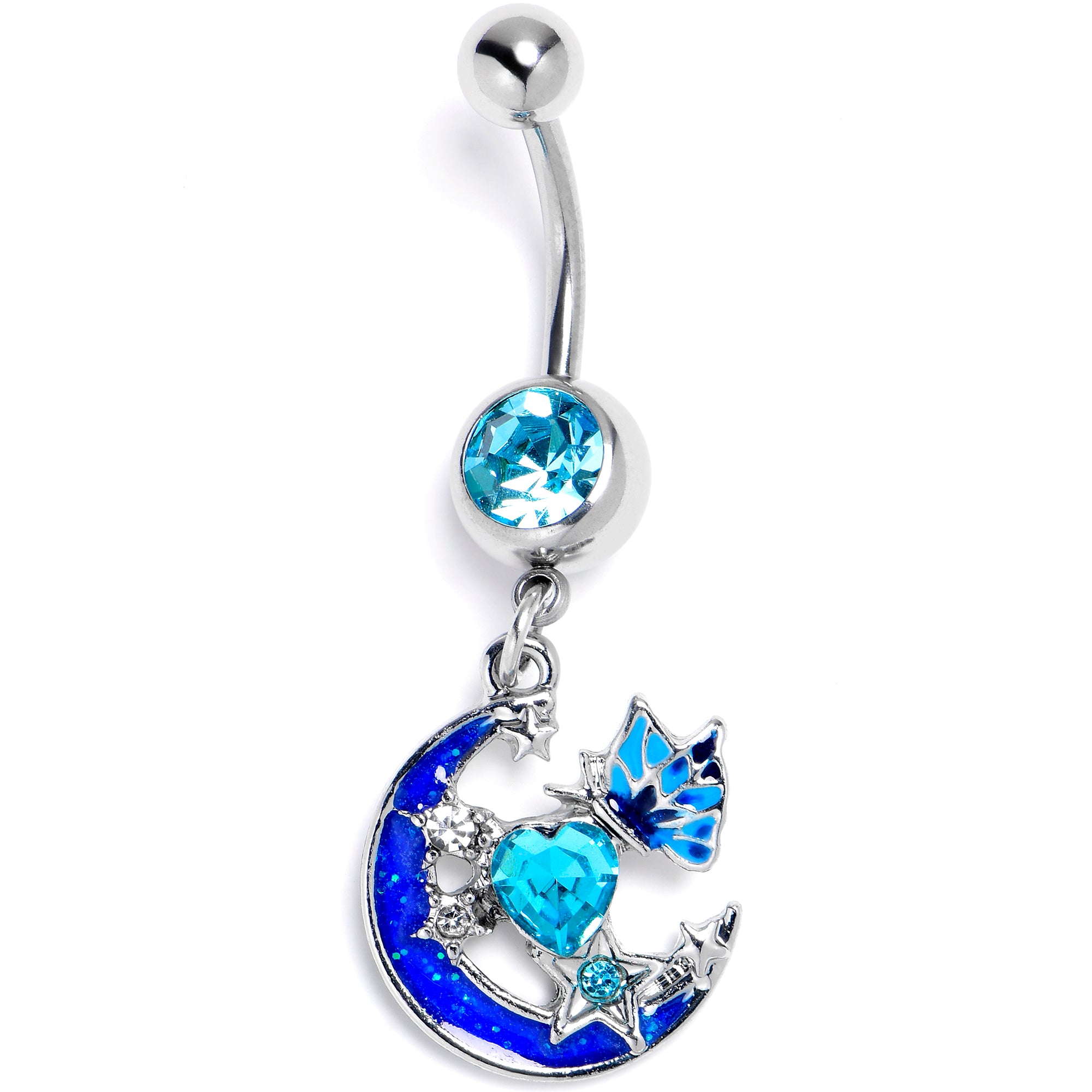 Blue Gem Moon Butterfly Love Heart Dangle Belly Ring