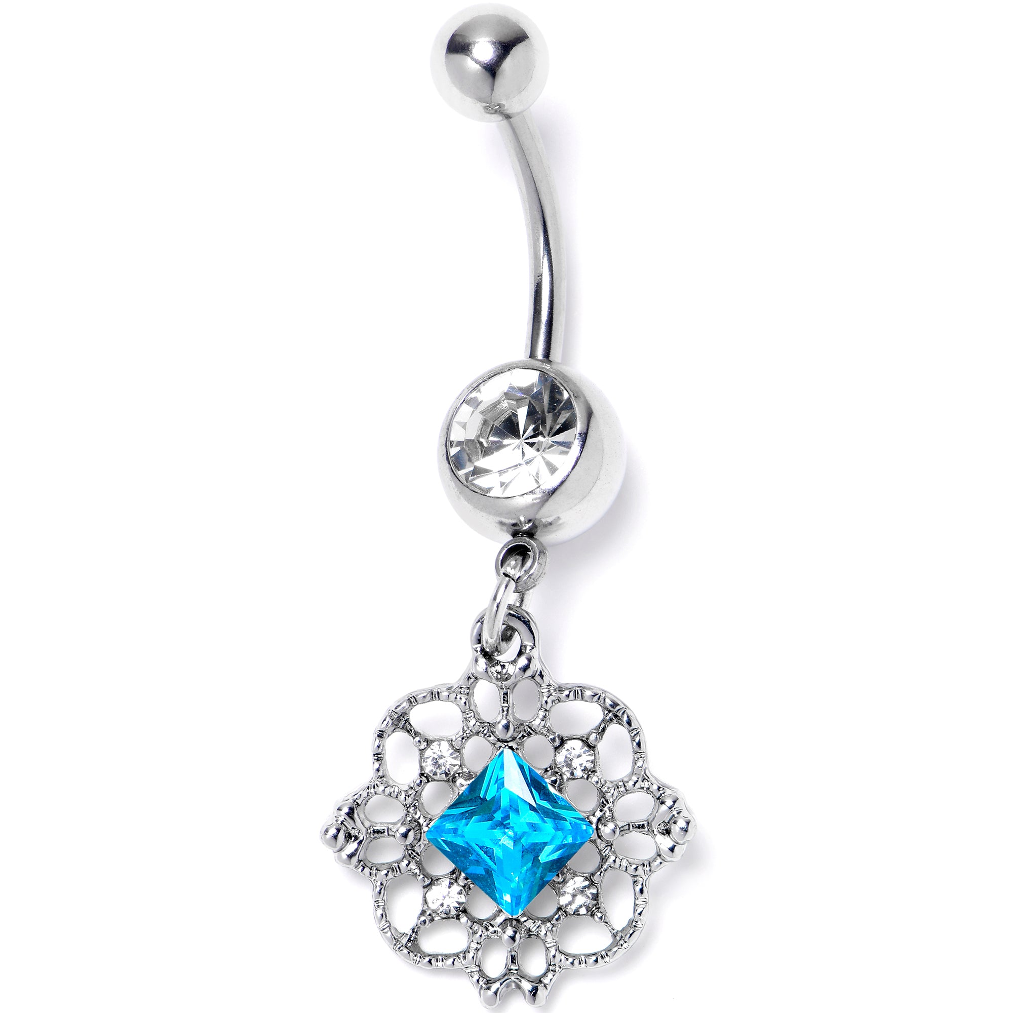 Blue Clear Gem Filigree Fantasy Dangle Belly Ring