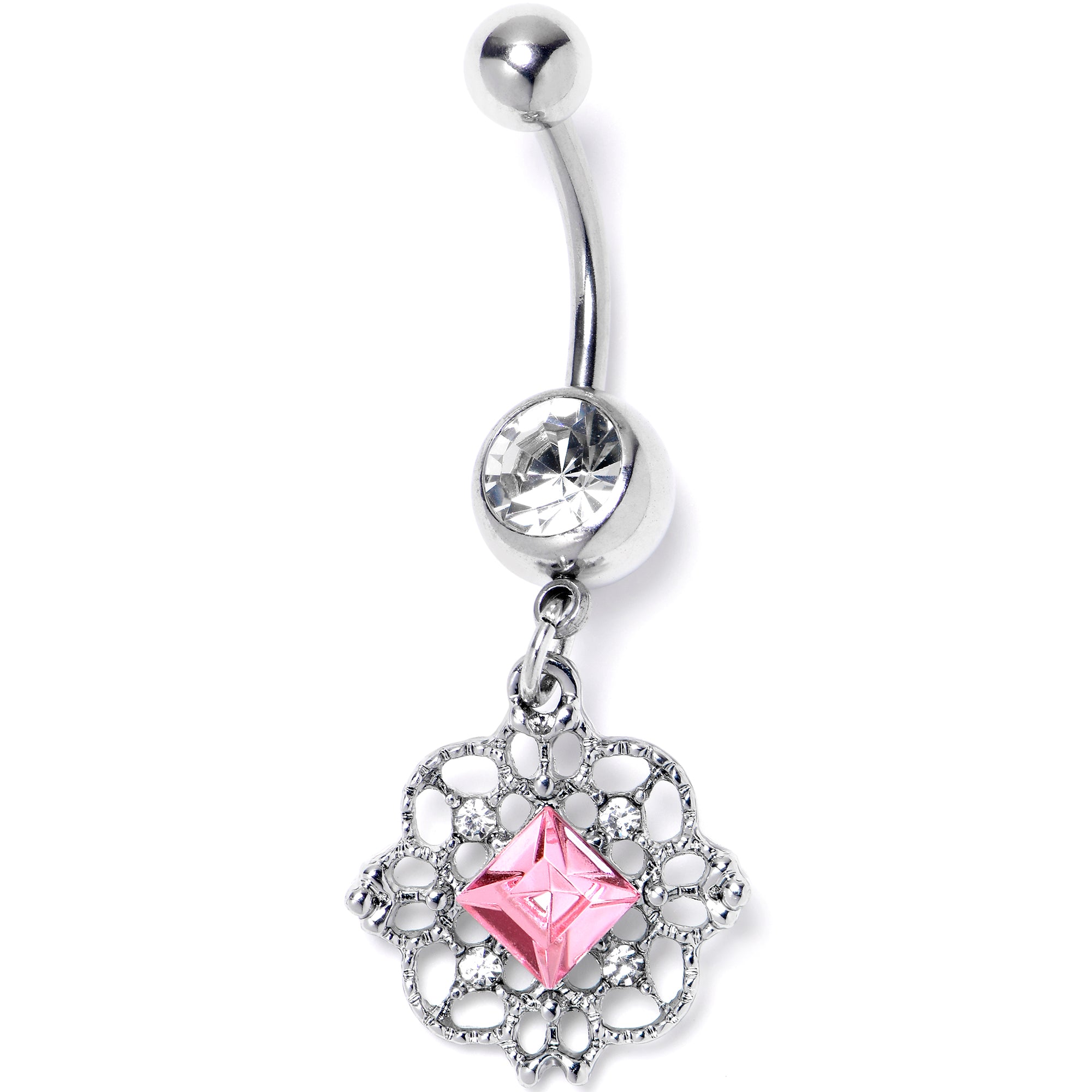 Pink Clear Gem Filigree Fantasy Dangle Belly Ring