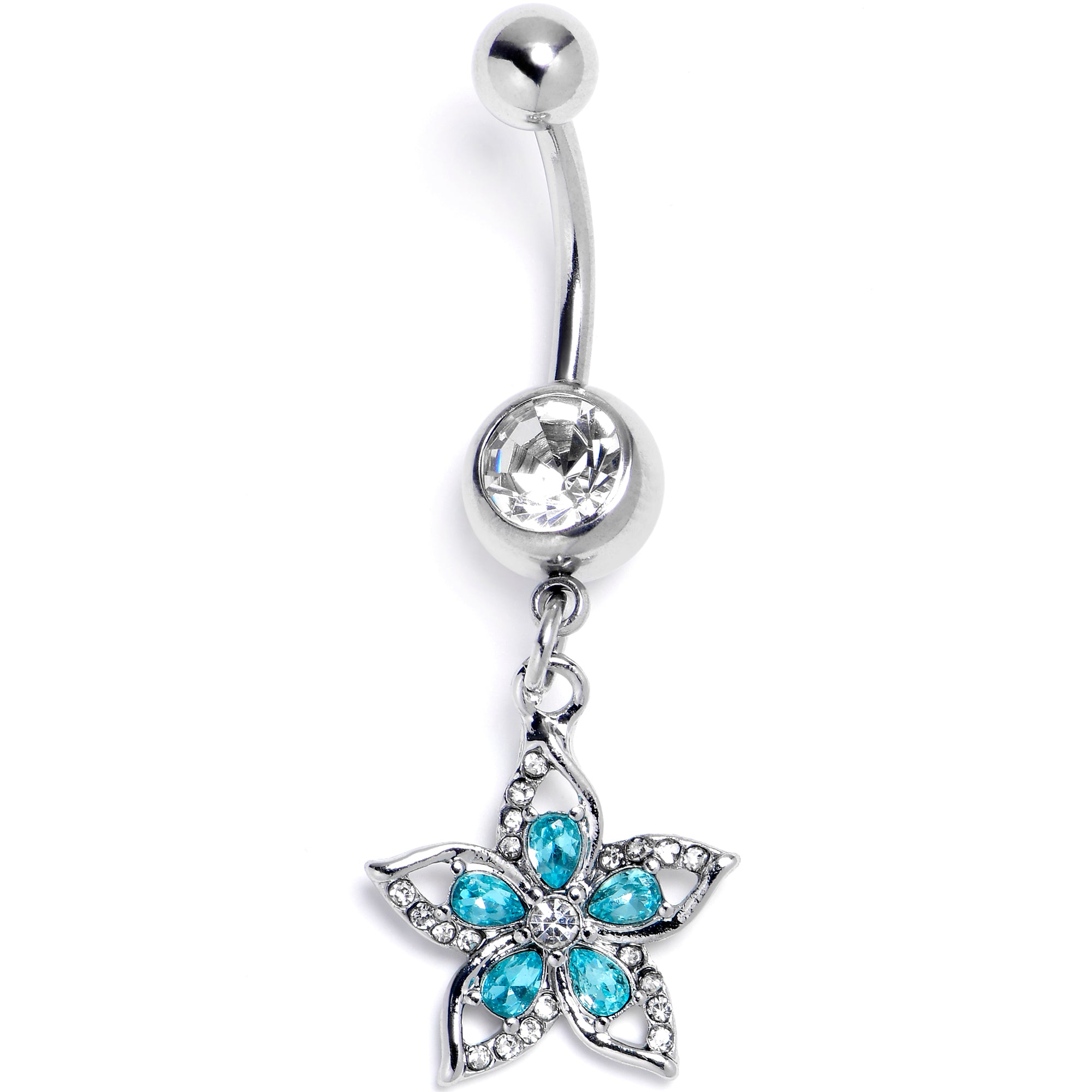 Clear Blue Gem Double Flower Glam Dangle Belly Ring