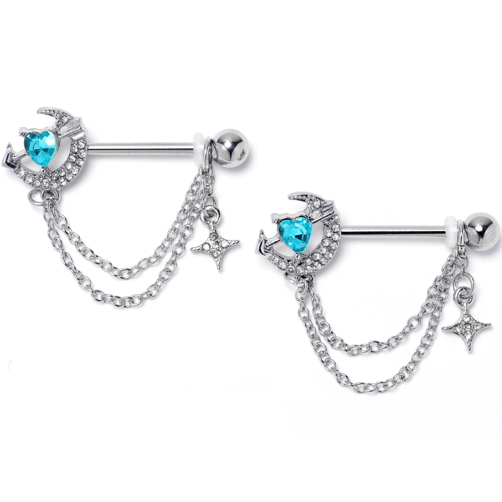 14 Gauge 9/16 Blue Clear Gem Moon Lover Chain Dangle Nipple Ring Set