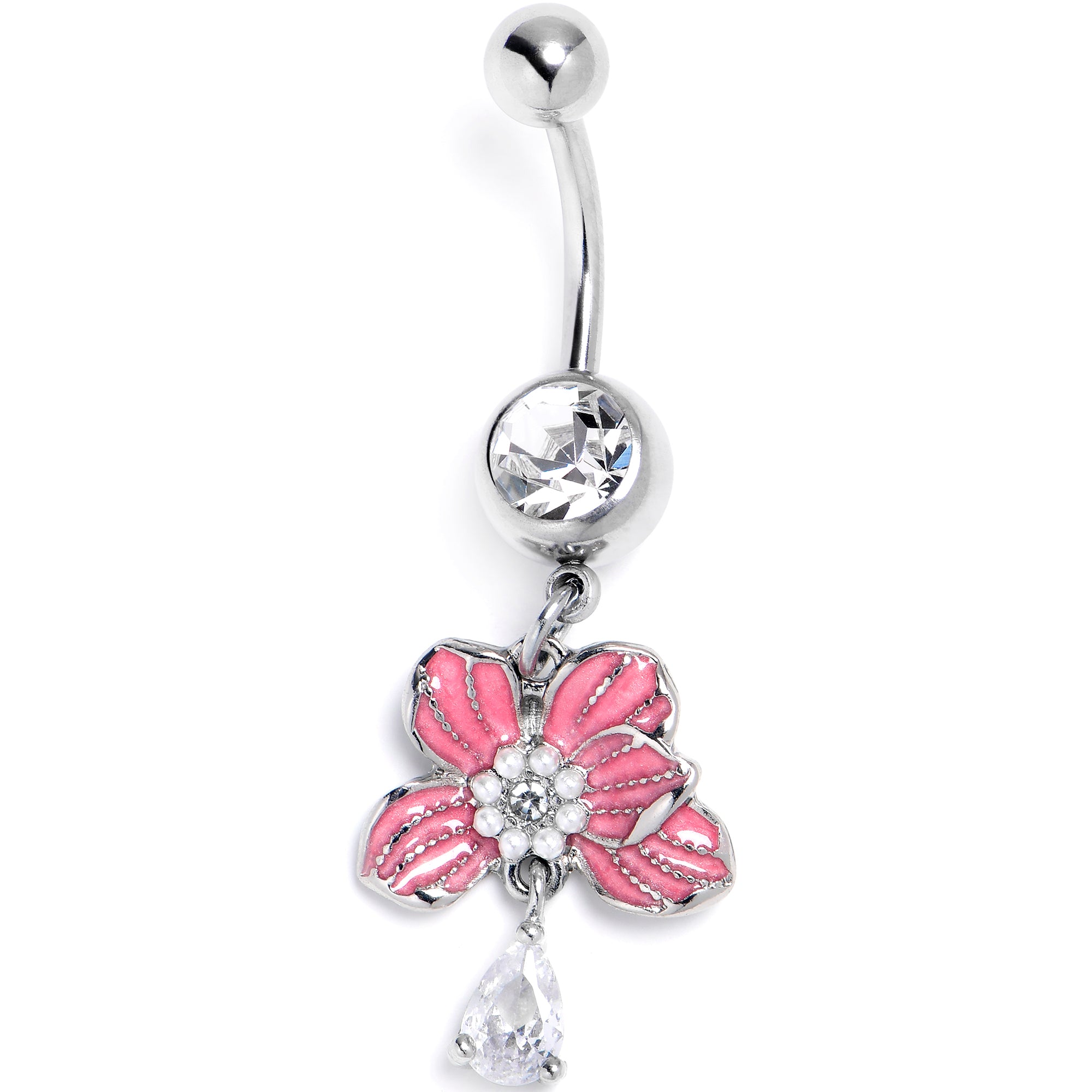 Clear CZ Gem Flower Pink Blossom Dangle Belly Ring