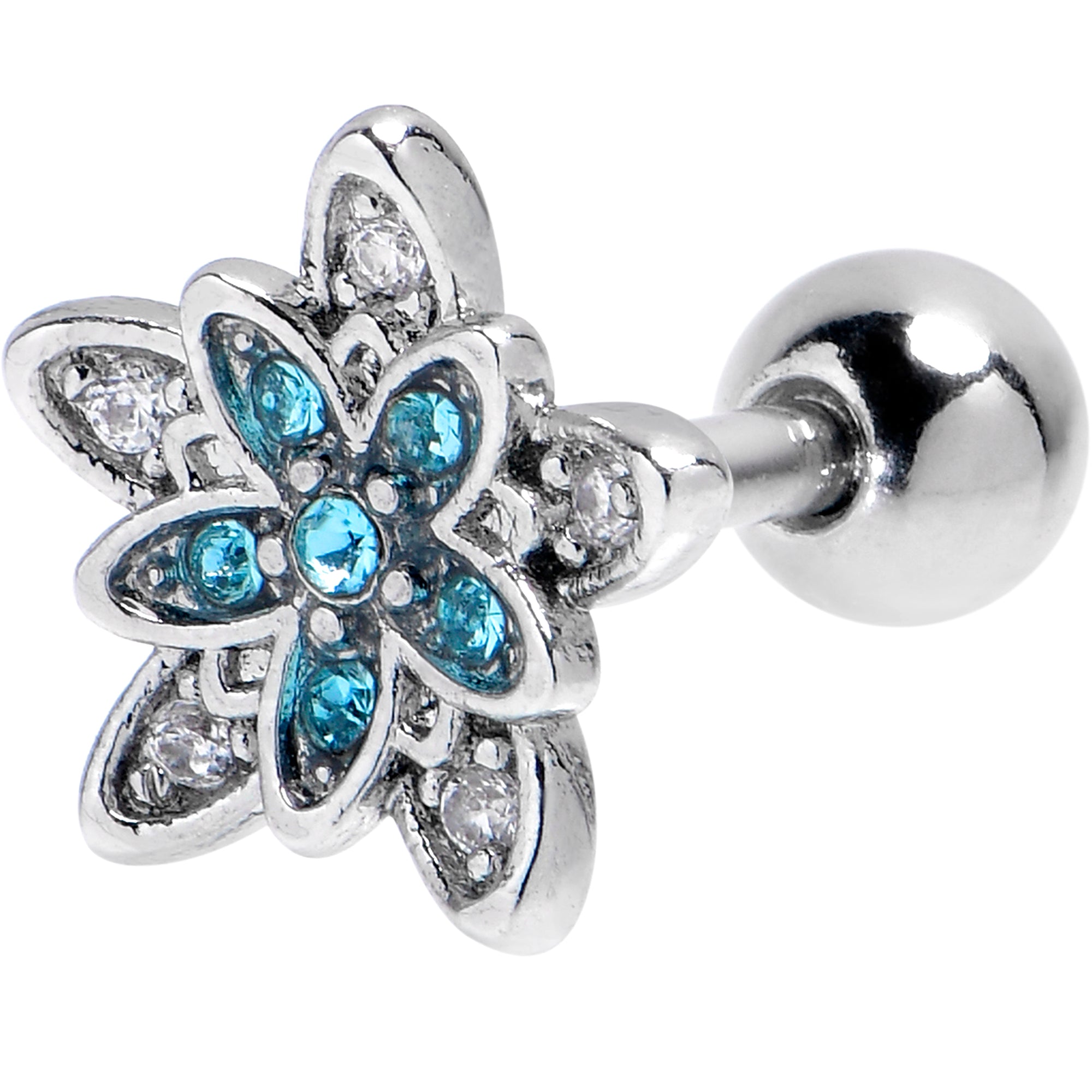 16 Gauge 1/4 Blue CZ Gem Snowflake Flower Cartilage Tragus Earring