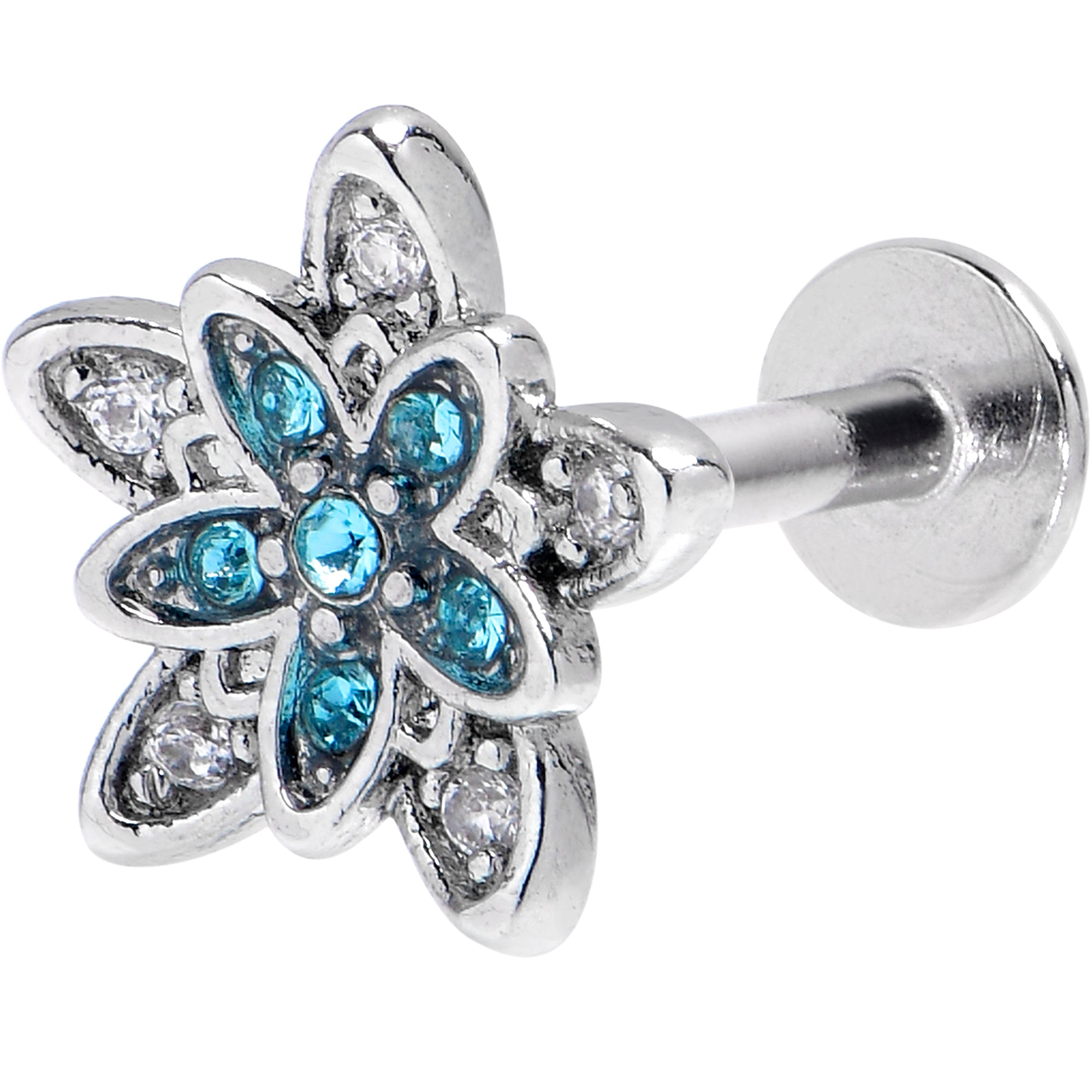 16 Gauge 5/16 Blue CZ Gem Snowflake Flower Labret Monroe Tragus