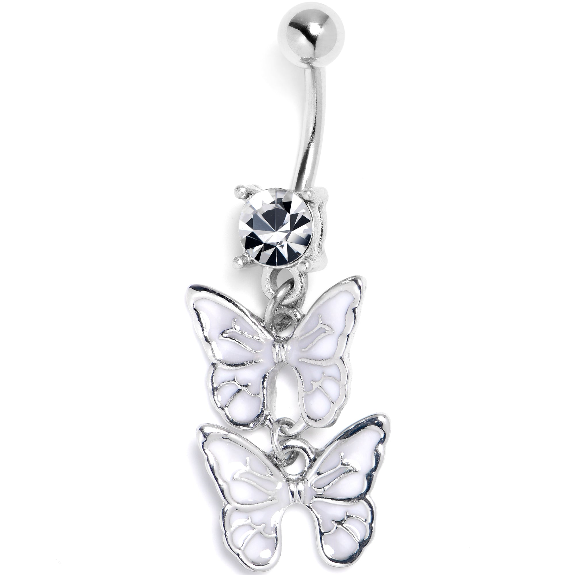 Clear CZ Gem Butterfly Duo White Dangle Belly Ring