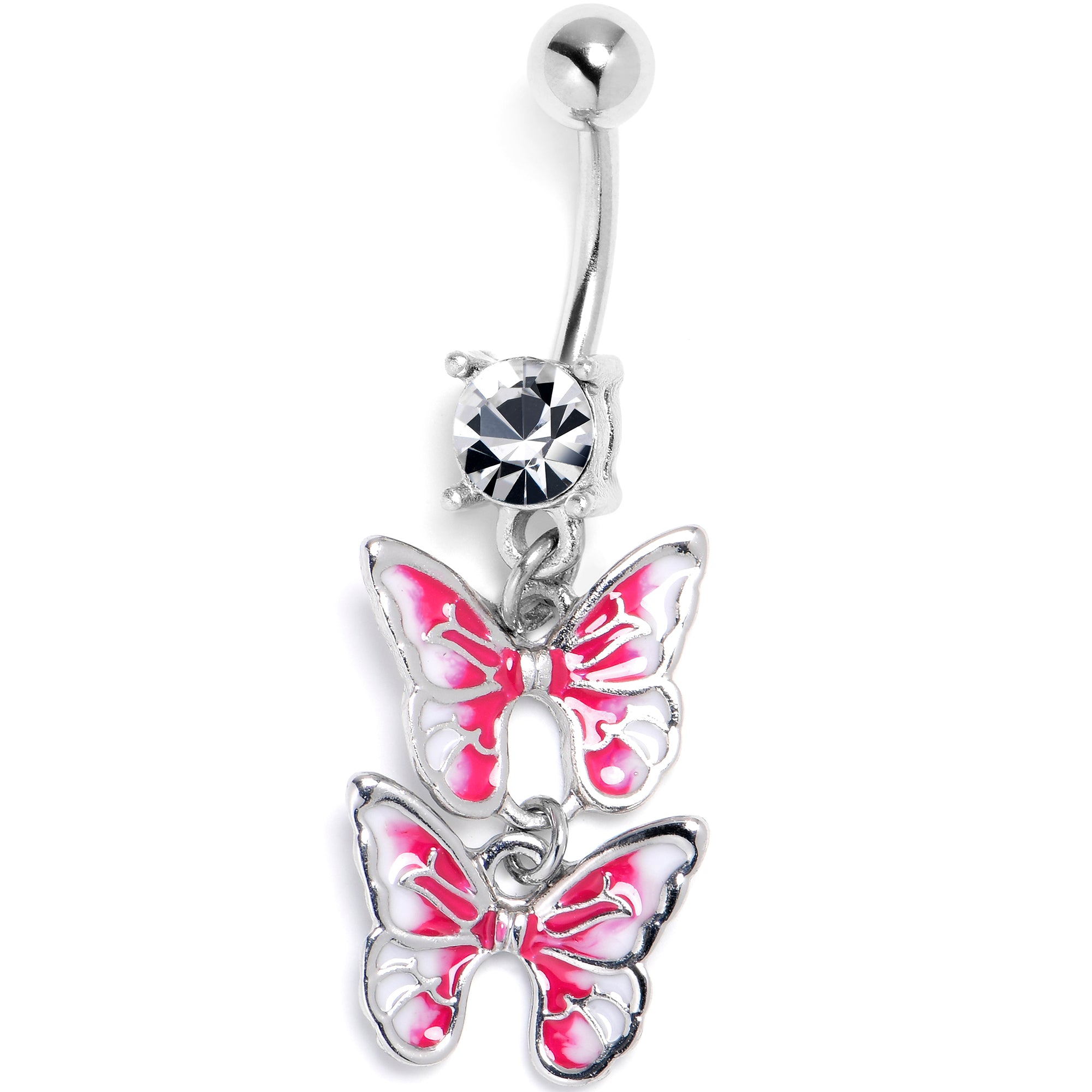 Clear CZ Gem Butterfly Duo Pink Dangle Belly Ring