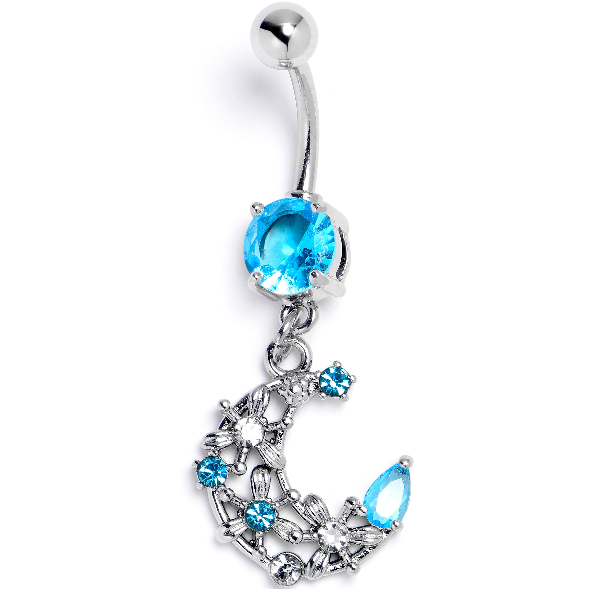 Blue Clear Gem Flower Moon Dangle Belly Ring