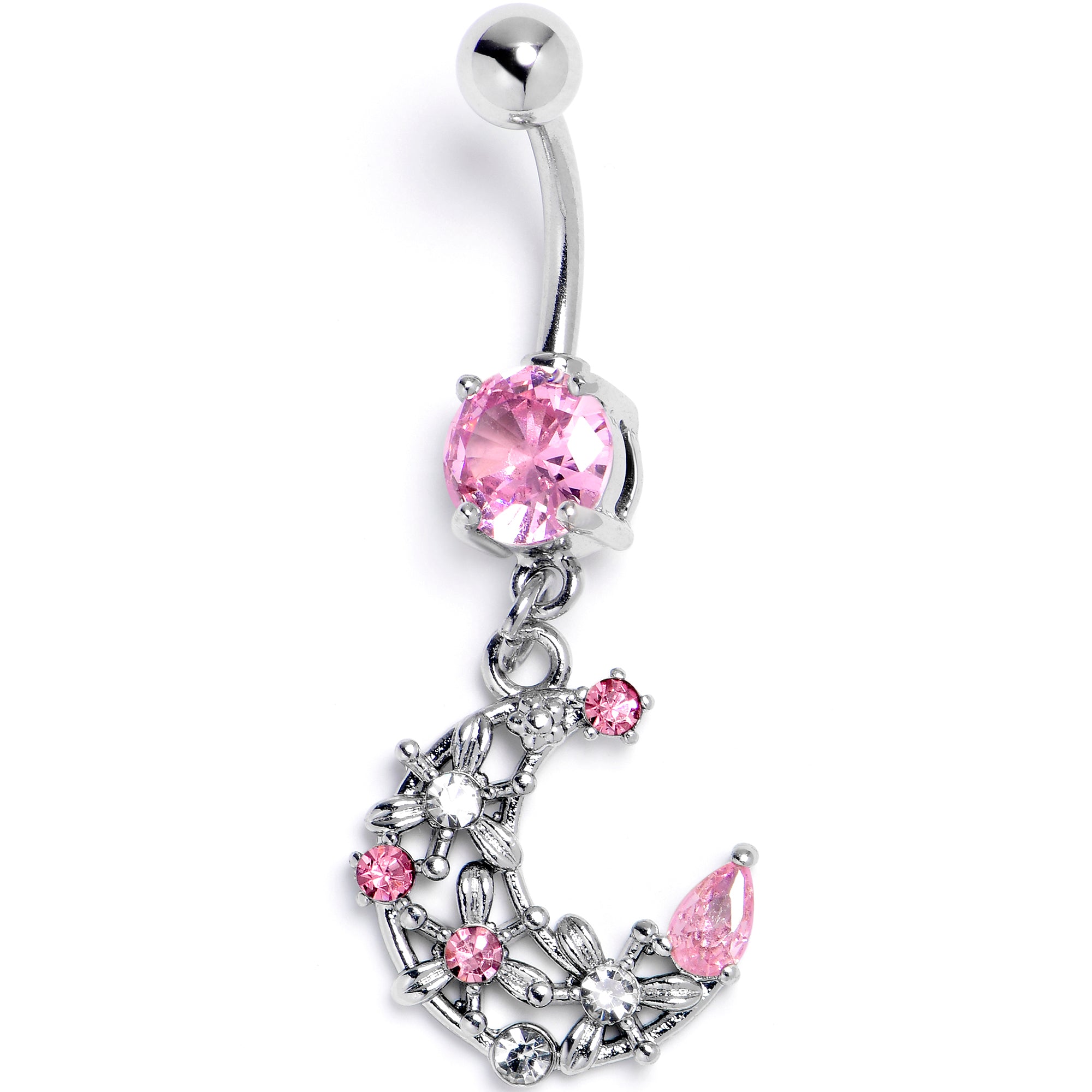 Pink Clear Gem Flower Moon Dangle Belly Ring