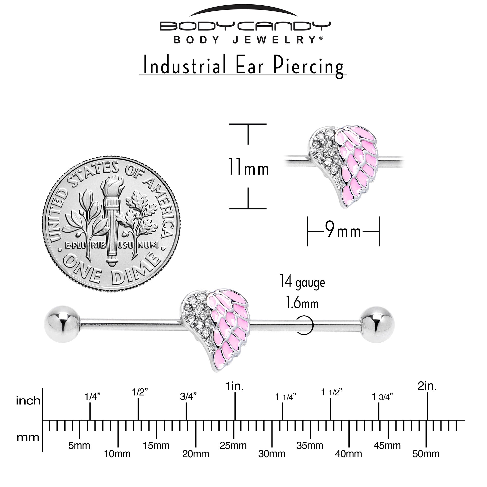 14 Gauge Pink Heavenly Heart Angel Wings Industrial Barbell 38mm