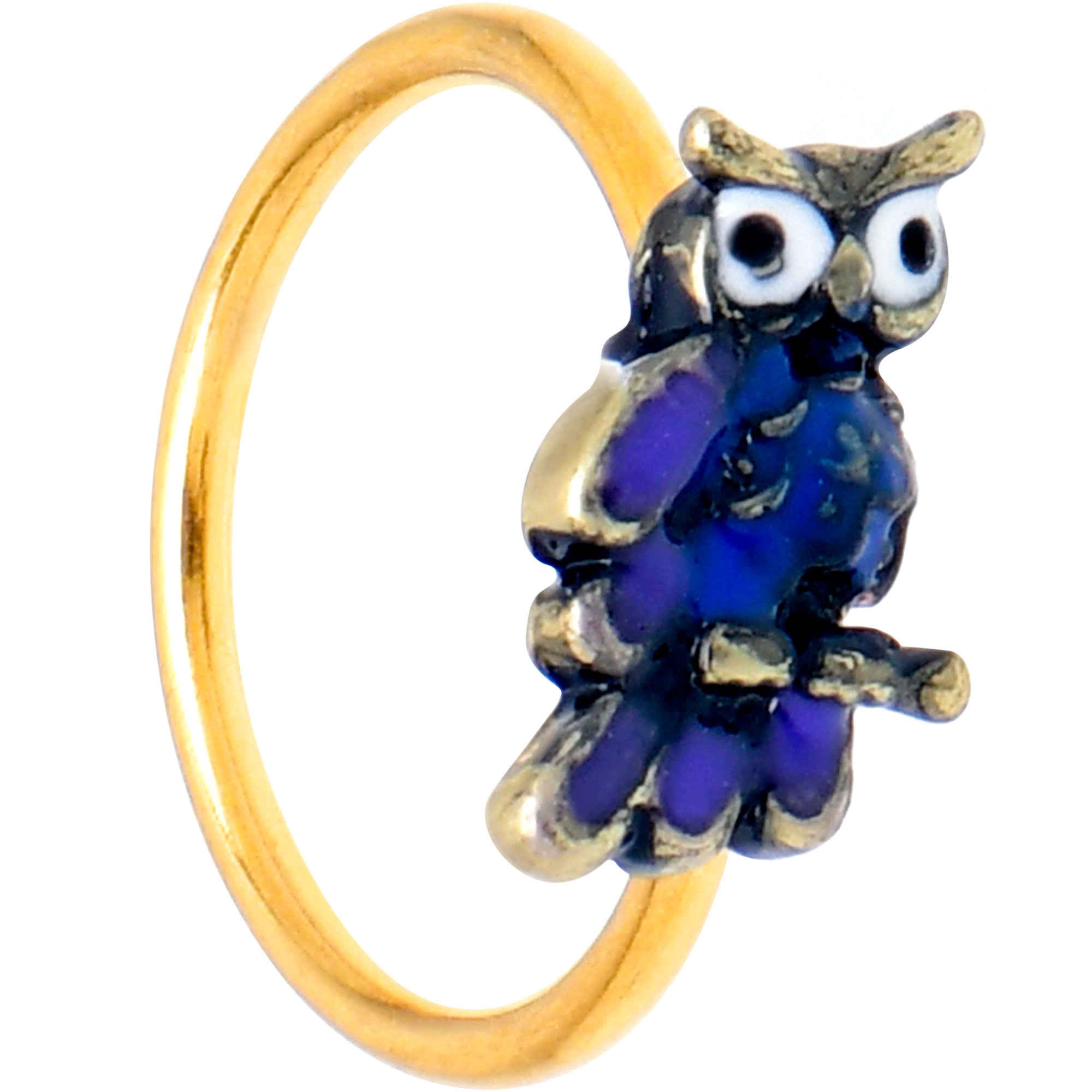 20 Gauge 5/16 Gold Tone Regal Owl Blue Nose Hoop