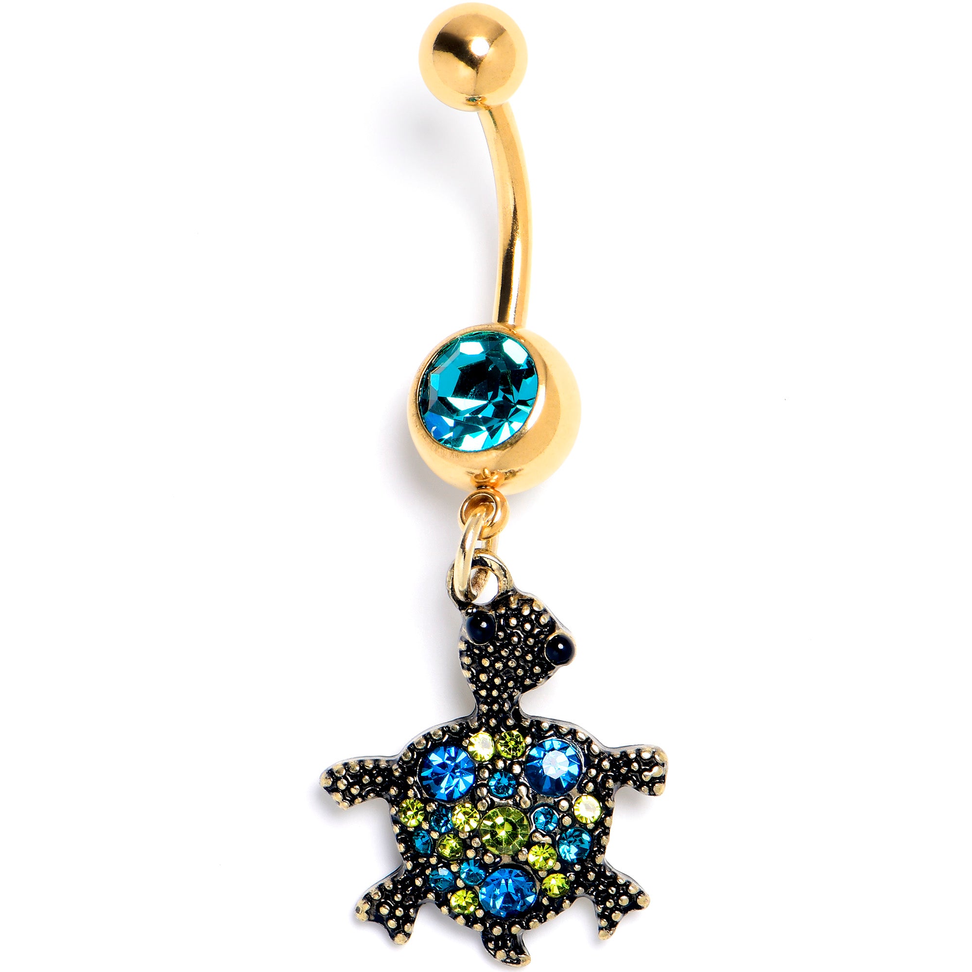 Blue Gem Gold Tone Sweet Sea Turtle Dangle Belly Ring