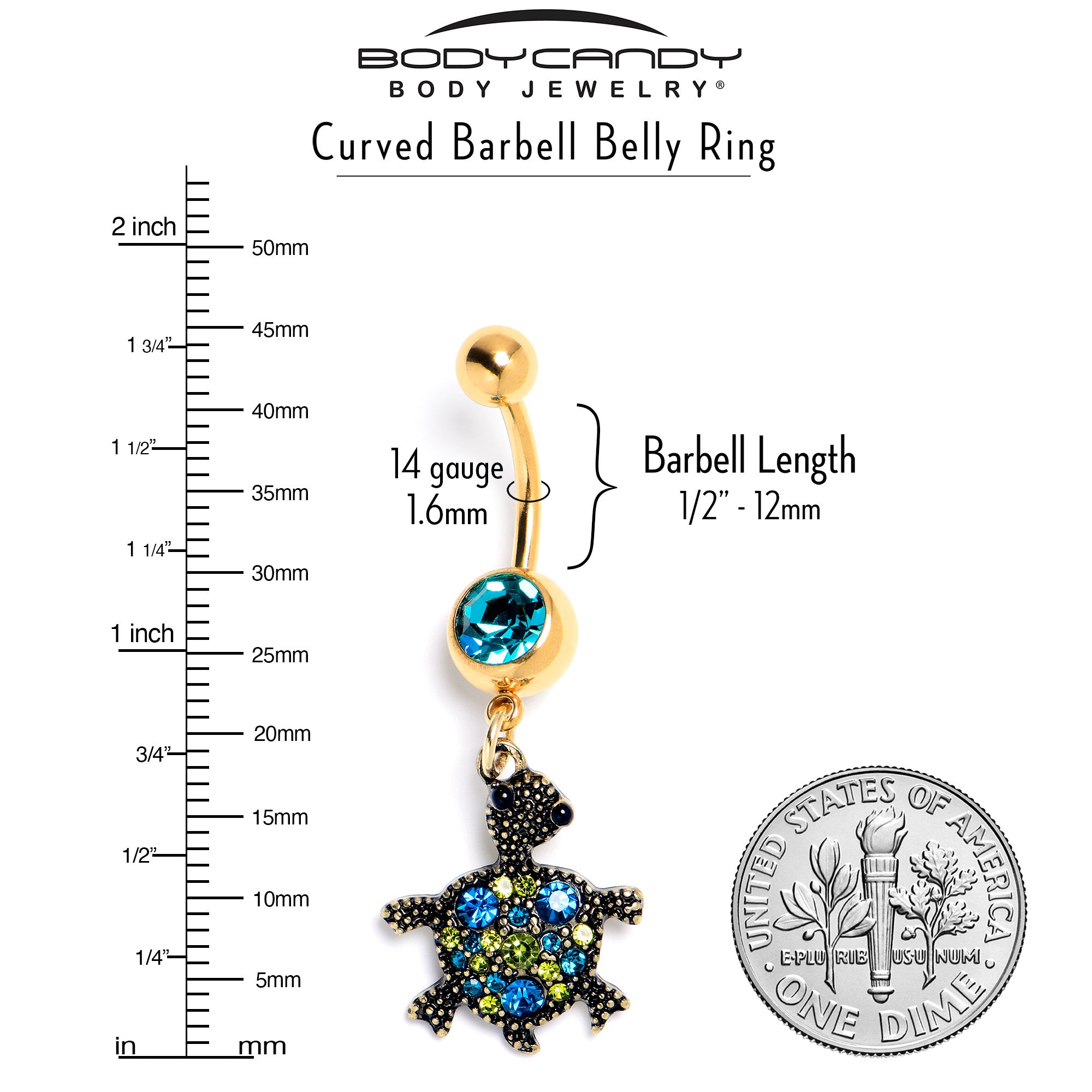 Blue Gem Gold Tone Sweet Sea Turtle Dangle Belly Ring