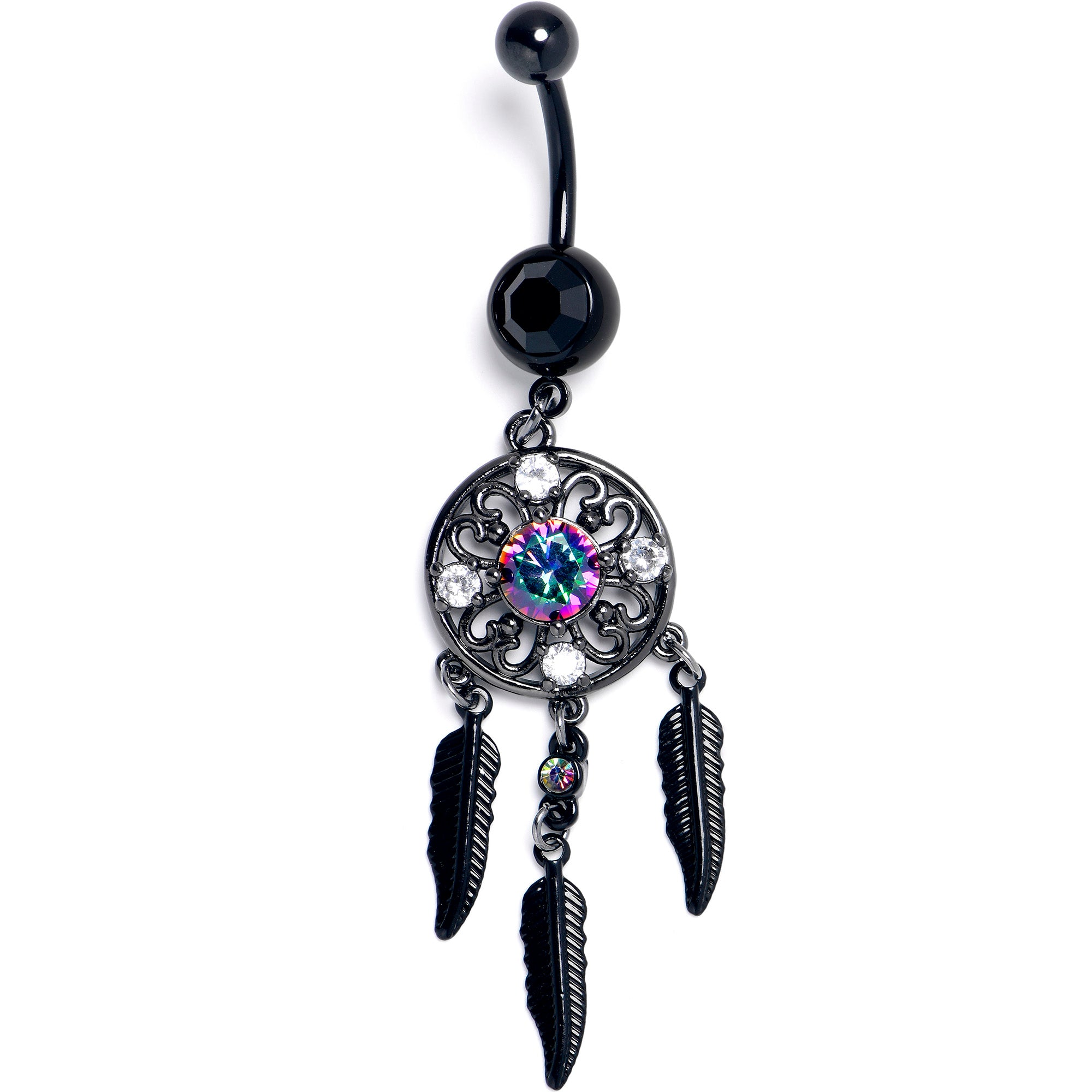 Aurora Clear CZ Gem Black Dreamcatcher Feather Dangle Belly Ring