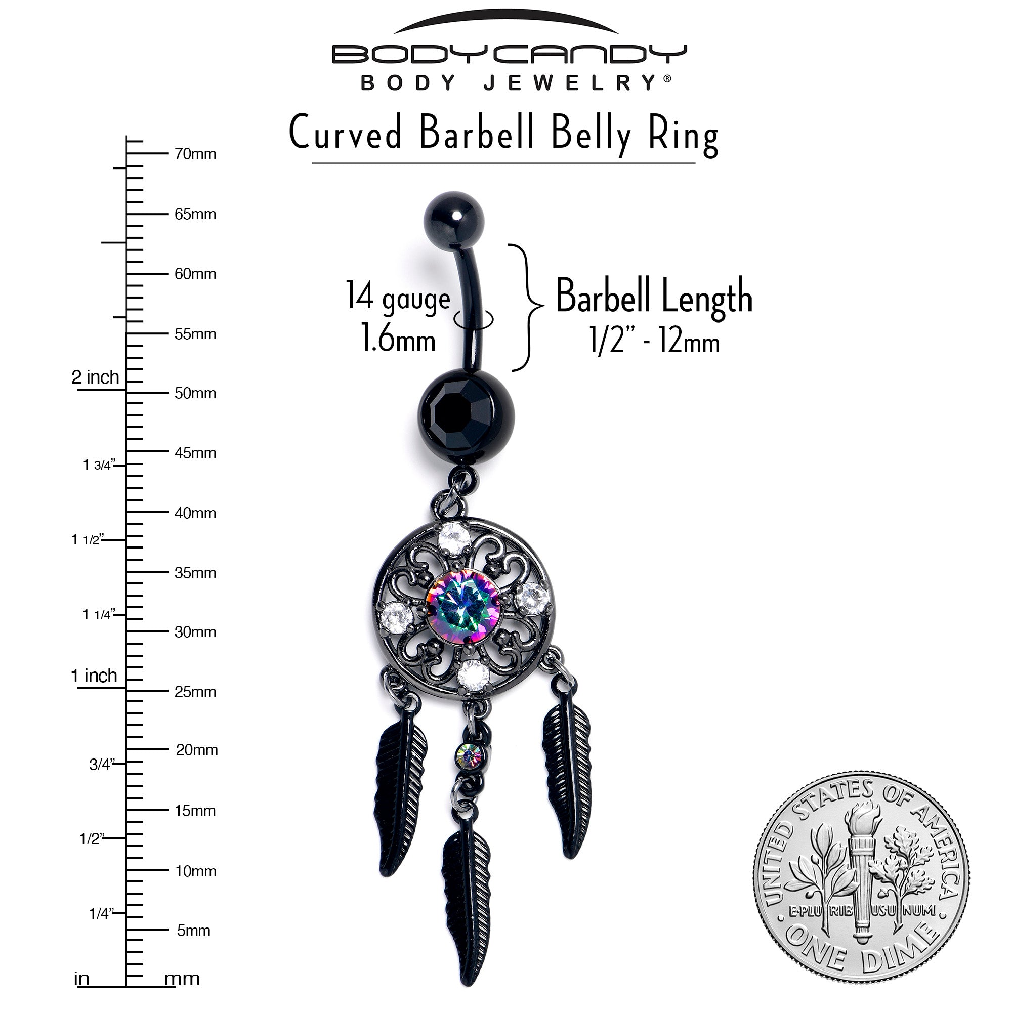 Aurora Clear CZ Gem Black Dreamcatcher Feather Dangle Belly Ring