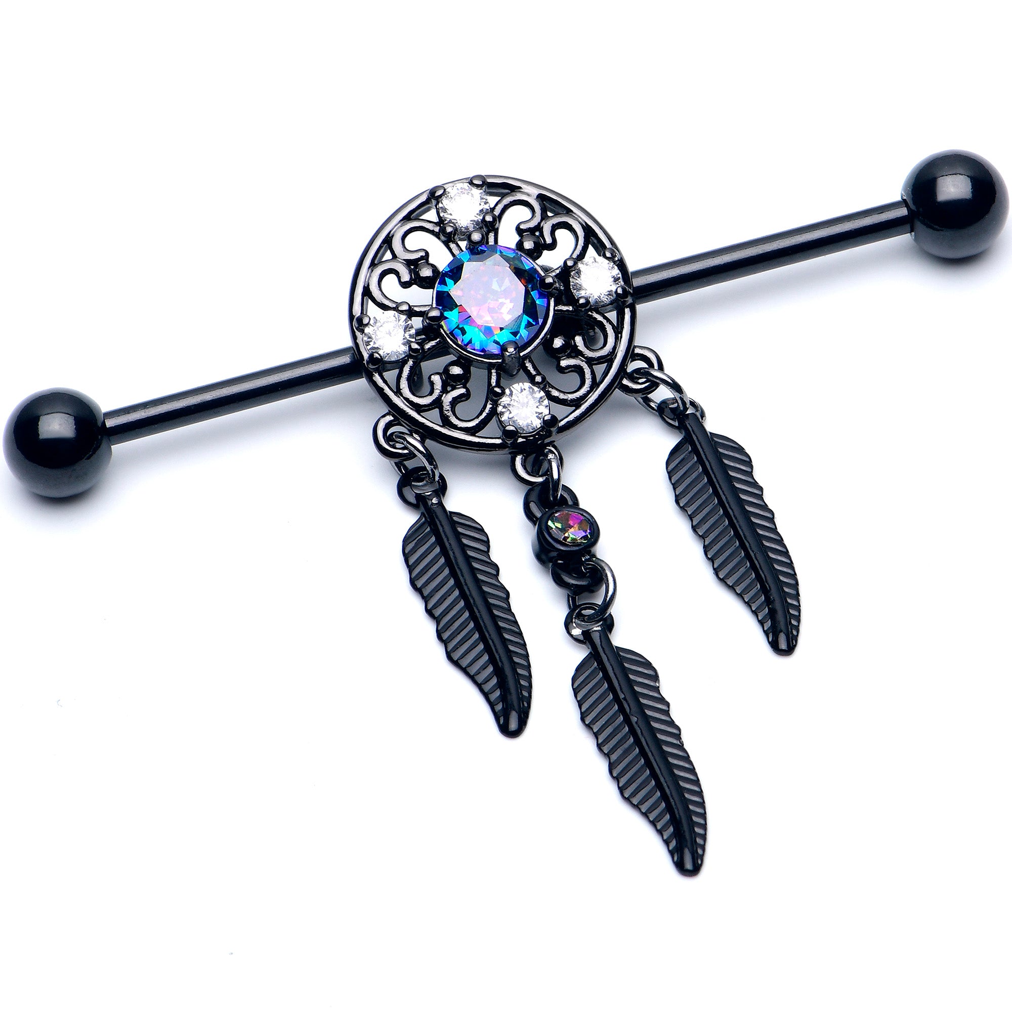 14 Gauge Aurora CZ Gem Black Dreamcatcher Dangle Industrial Barbell 38mm