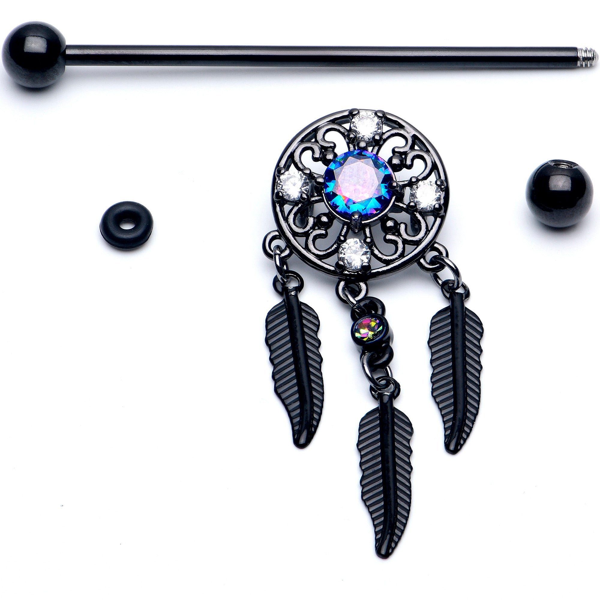 14 Gauge Aurora CZ Gem Black Dreamcatcher Dangle Industrial Barbell 38mm