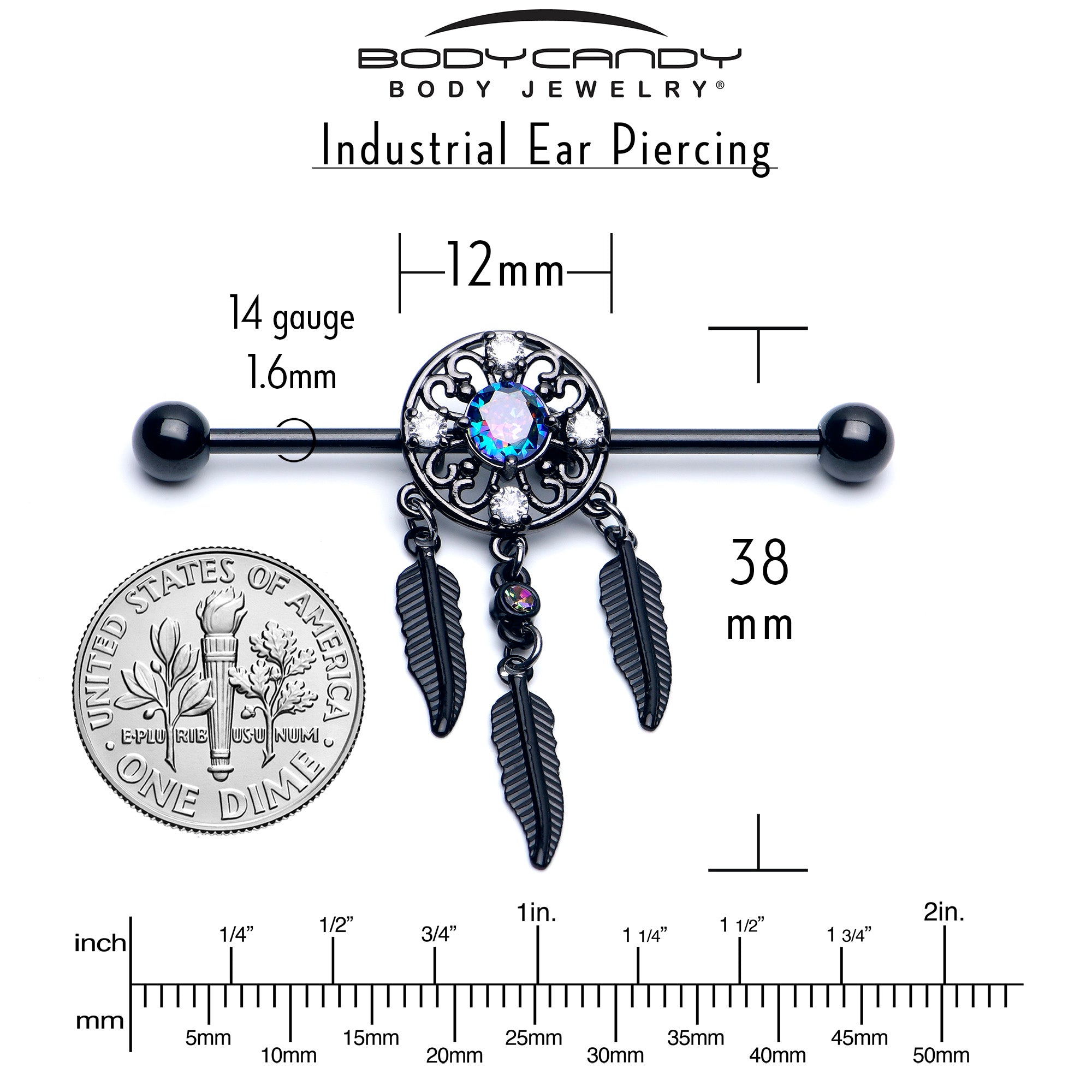 14 Gauge Aurora CZ Gem Black Dreamcatcher Dangle Industrial Barbell 38mm