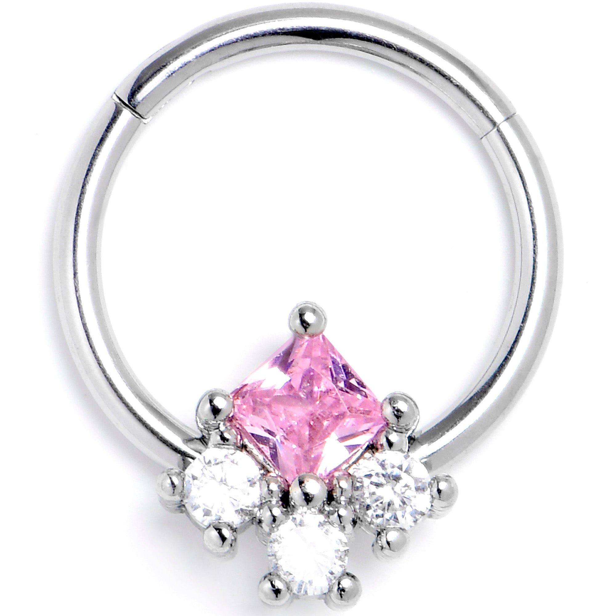 16 Gauge 3/8 Pink Clear CZ Gem Rhombus Riot Hinged Segment Ring