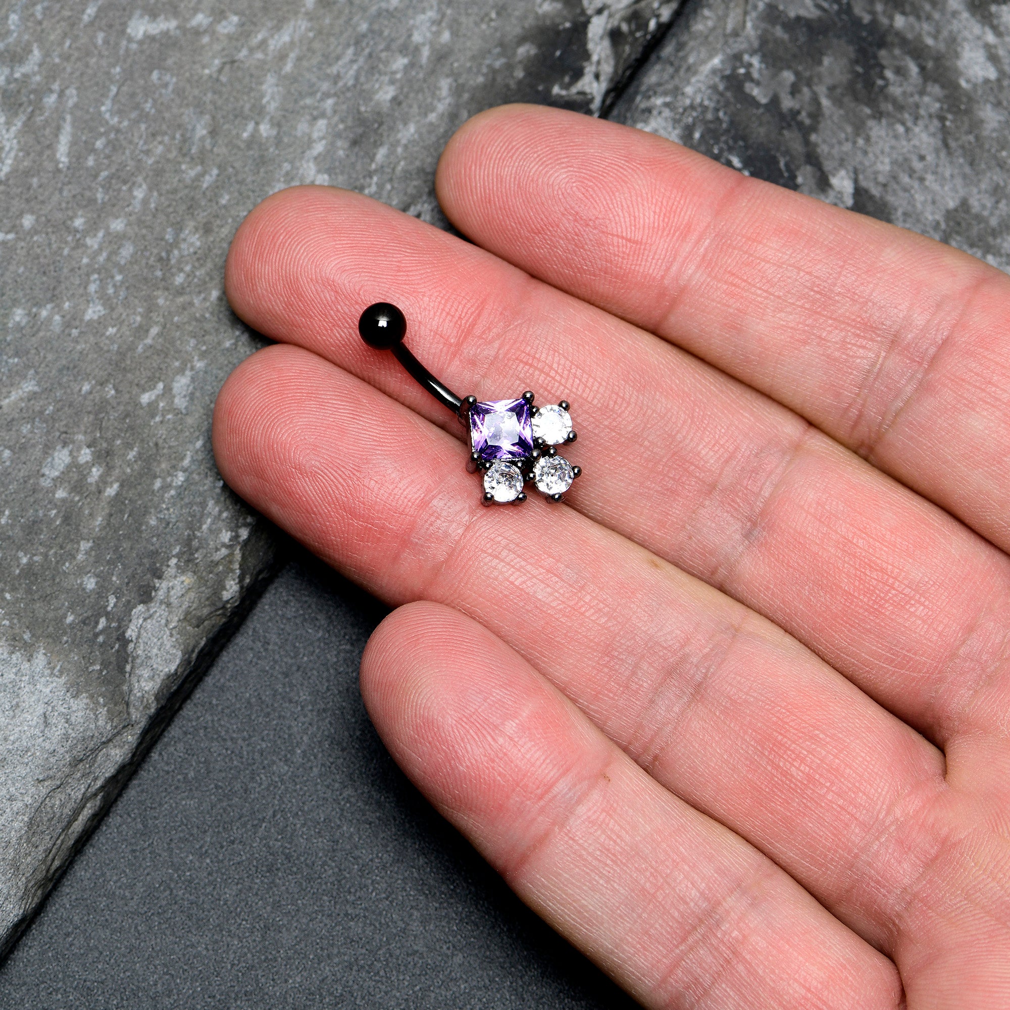 Clear Purple CZ Gem Black Rhombus Riot Belly Ring