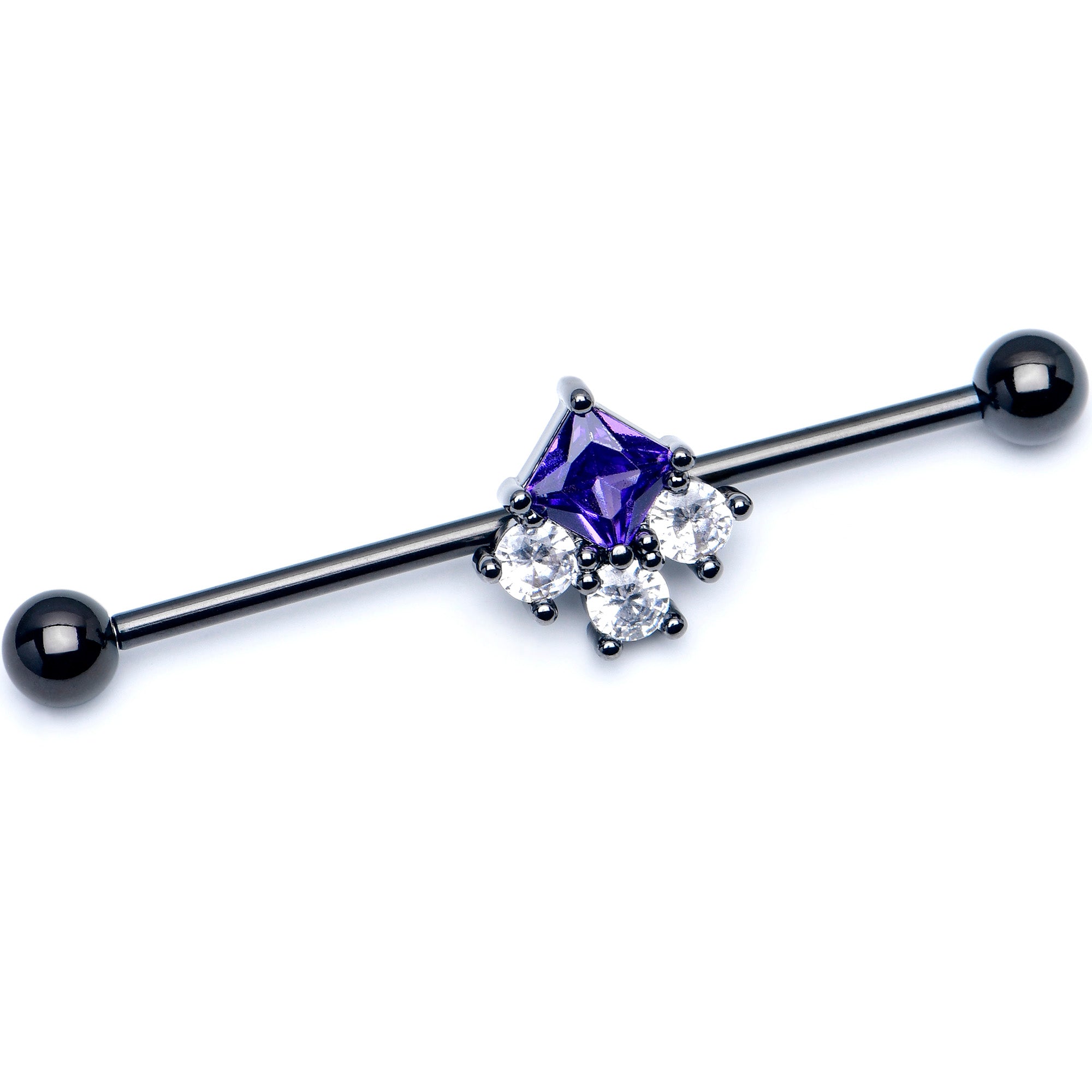 14 Gauge Clear Purple CZ Gem Black Rhombus Riot Industrial Barbell 38mm